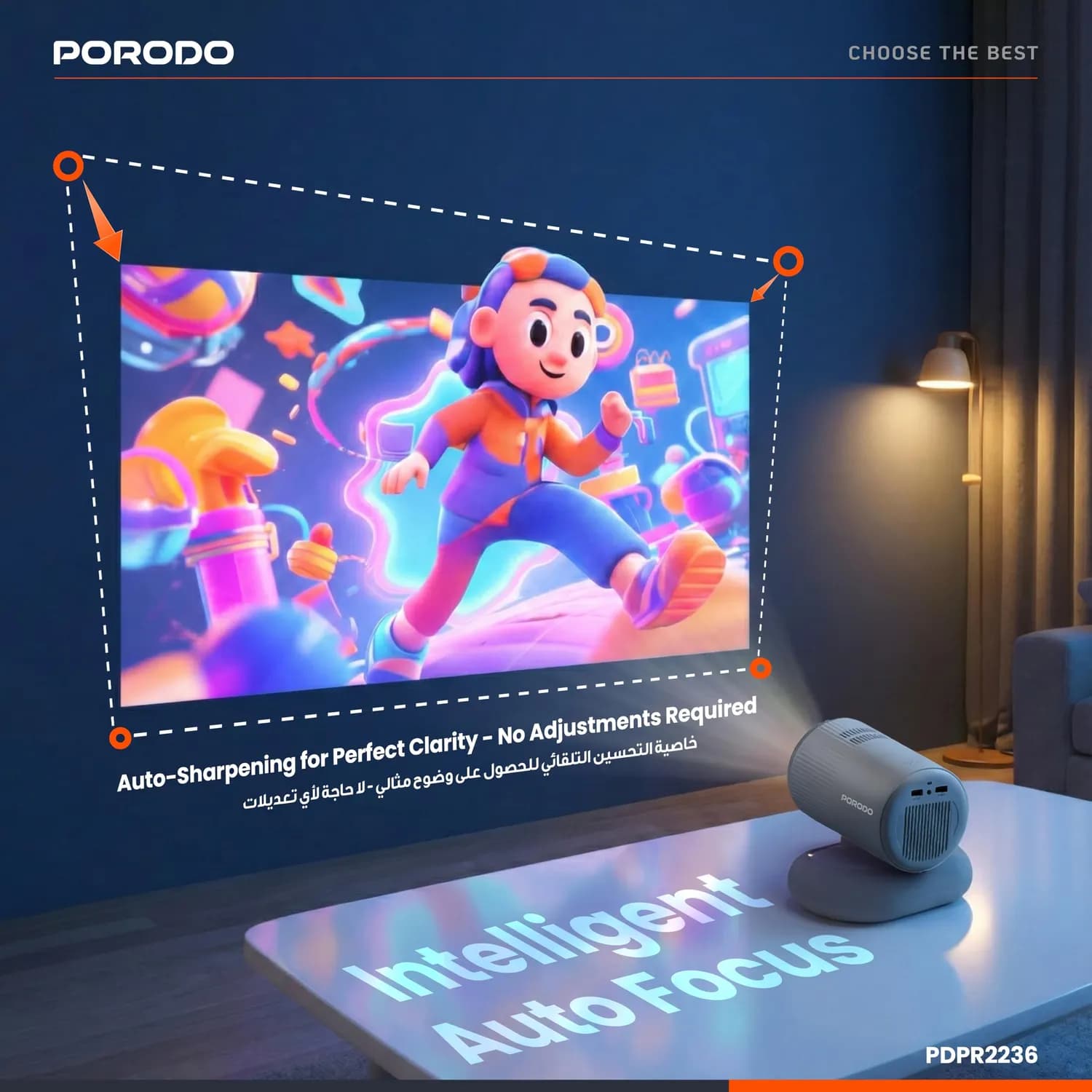 Porodo Smart Android Projector - Full HD 1080P, WiFi & Bluetooth 4