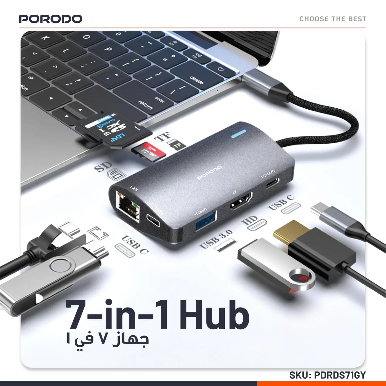 Porodo USB-C Hub - 7-in-1, 100W PD, Gray 2