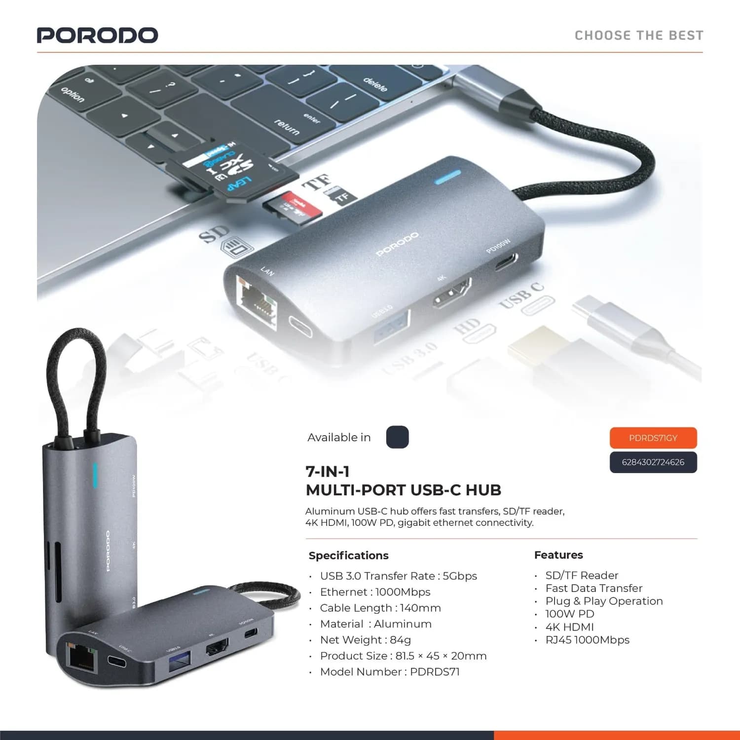 Porodo USB-C Hub - 7-in-1, 100W PD, Gray 5