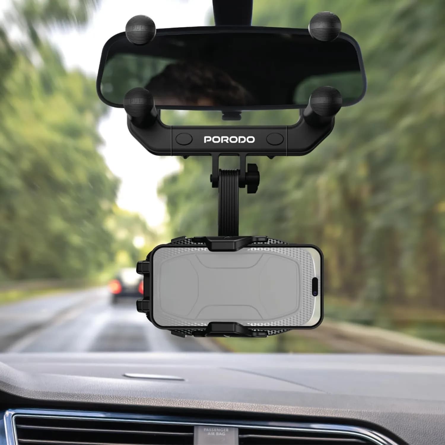 Porodo Phone Holder - Mirror Mount, Extendable Arm, Black 2