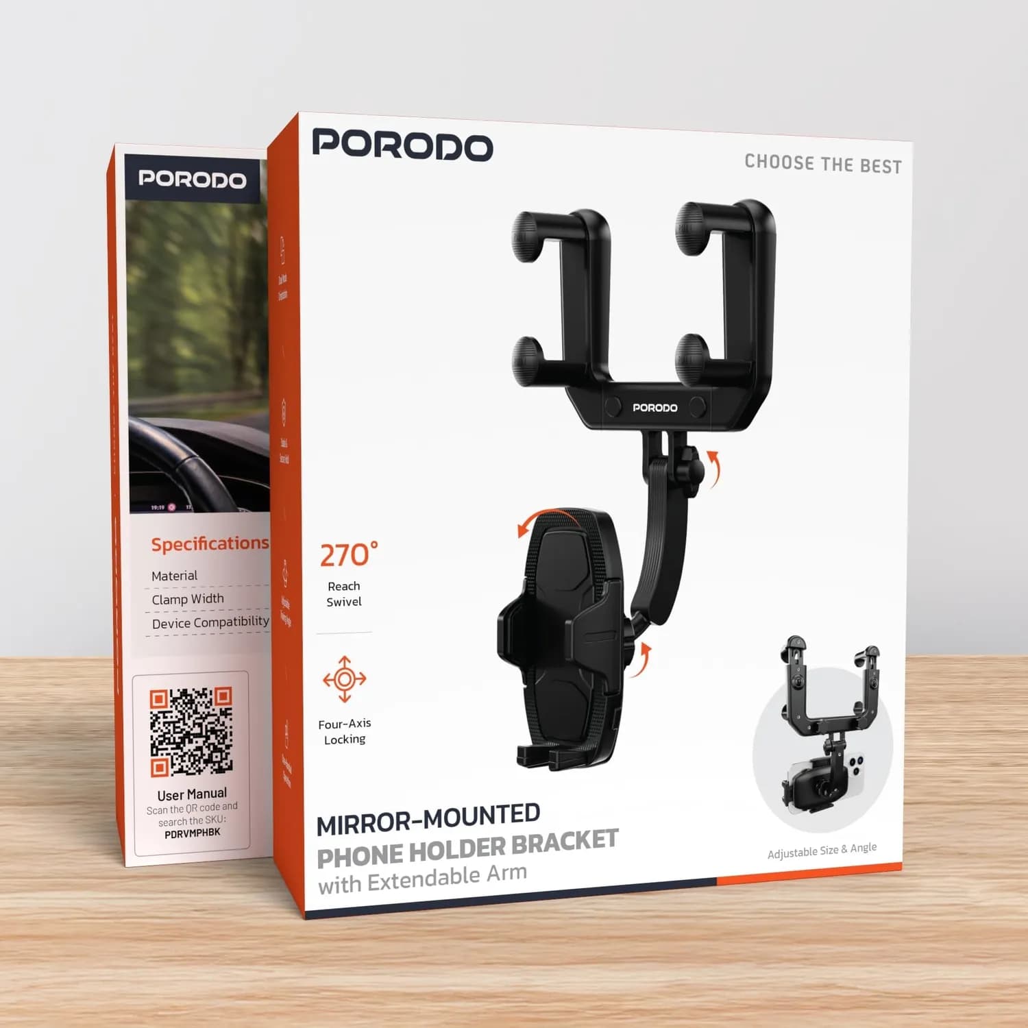 Porodo Phone Holder - Mirror Mount, Extendable Arm, Black 4