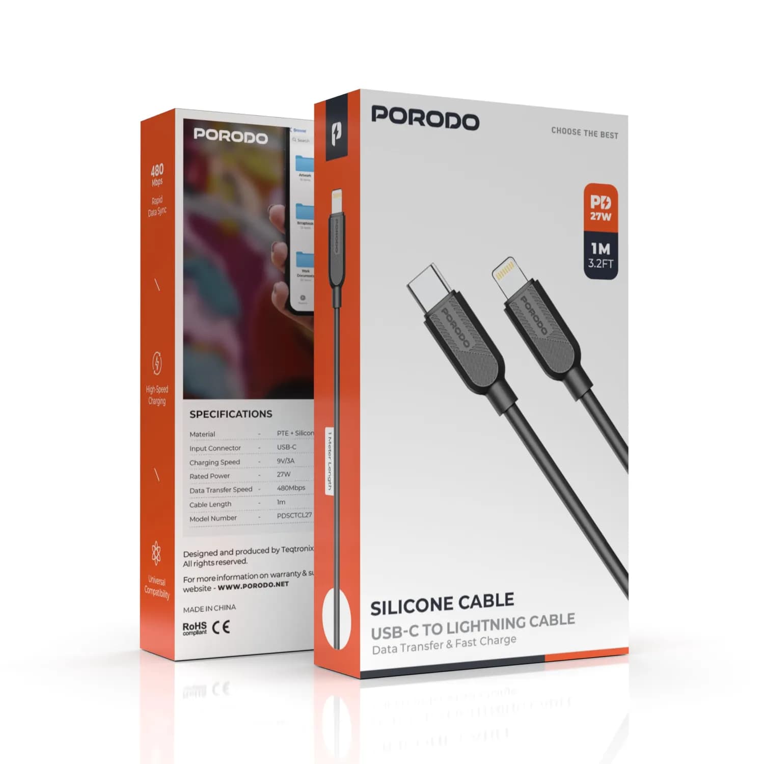 Porodo USB-C to USB-C Fast Charging Cable - 27W PD, 1M, Black 4