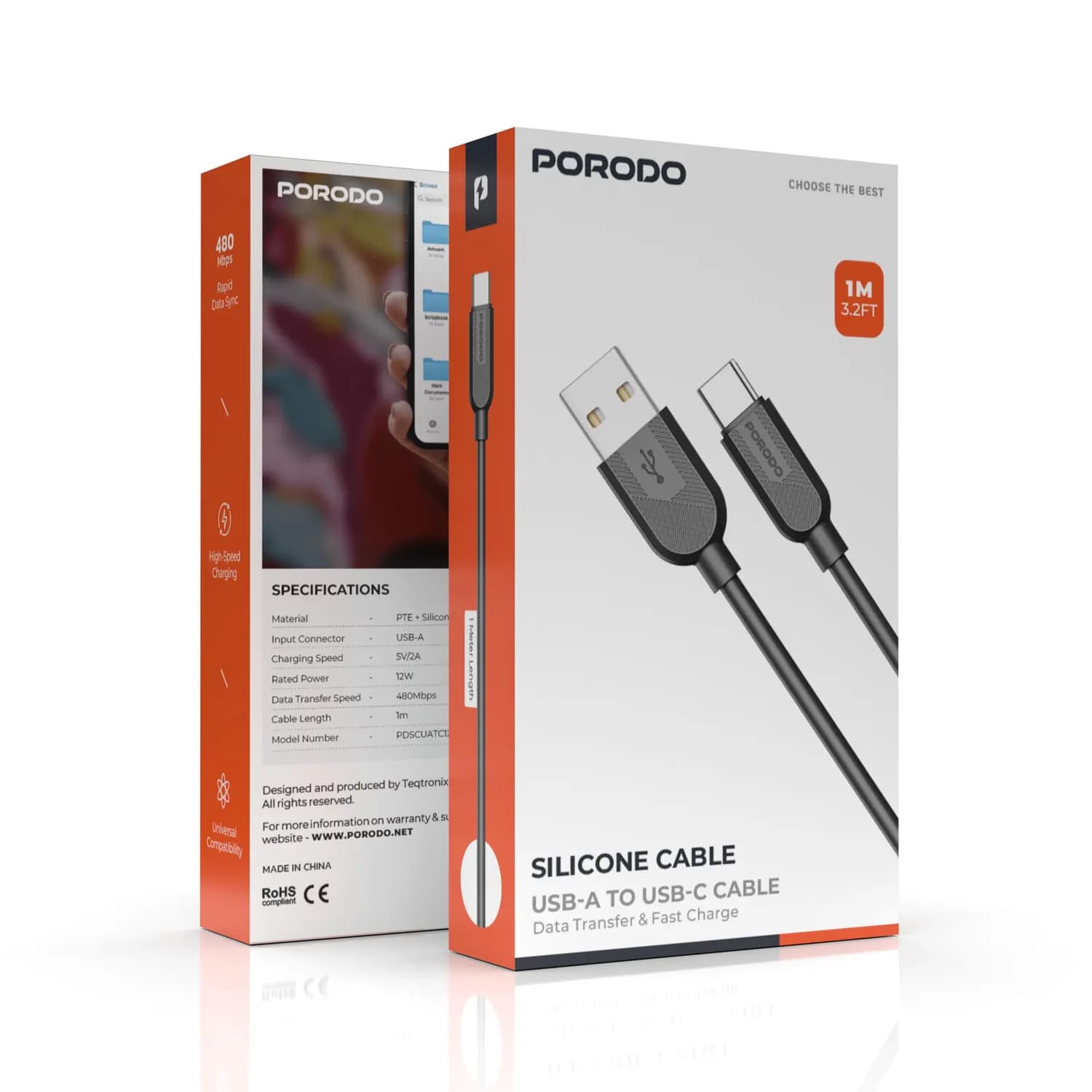 Porodo USB-A to USB-C Cable - 1M Silicone, 12W, Black 3
