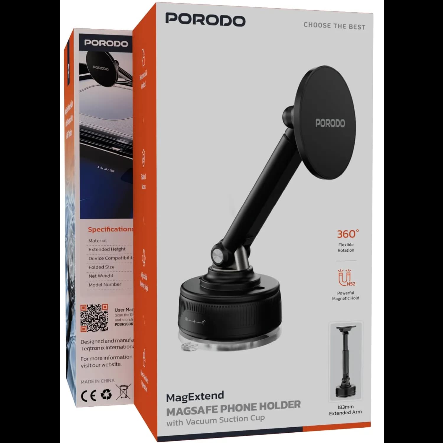 Porodo Car Phone Holder - MagSafe Compatible, Telescopic Arm, Black 5