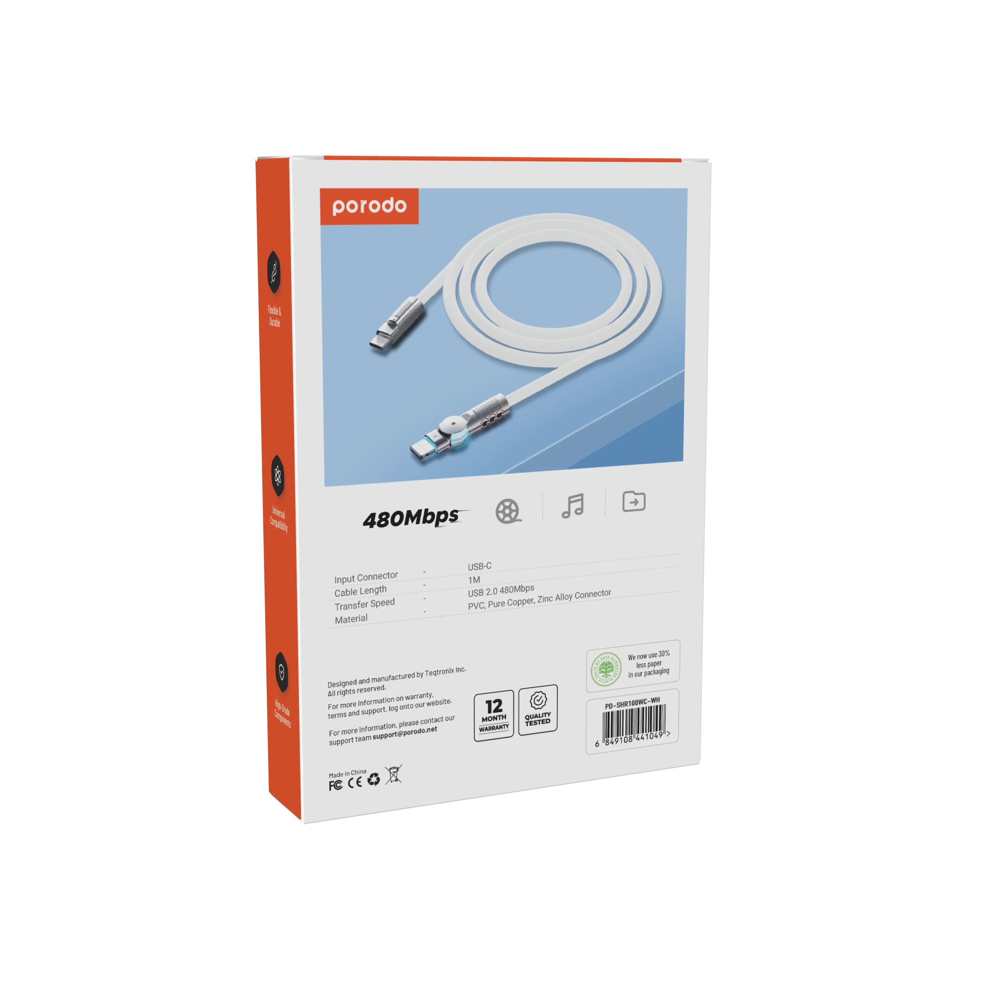 Porodo Single Head Rotating Cable PD100W, Type-C to Type-C 100W: 1M 2