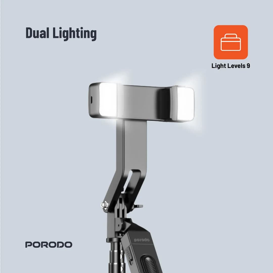 Porodo 185cm Selfie Stick with Dual Lights & Remote - Black 2