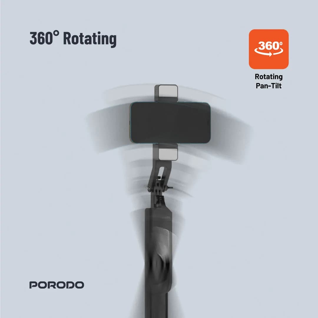 Porodo 185cm Selfie Stick with Dual Lights & Remote - Black 4