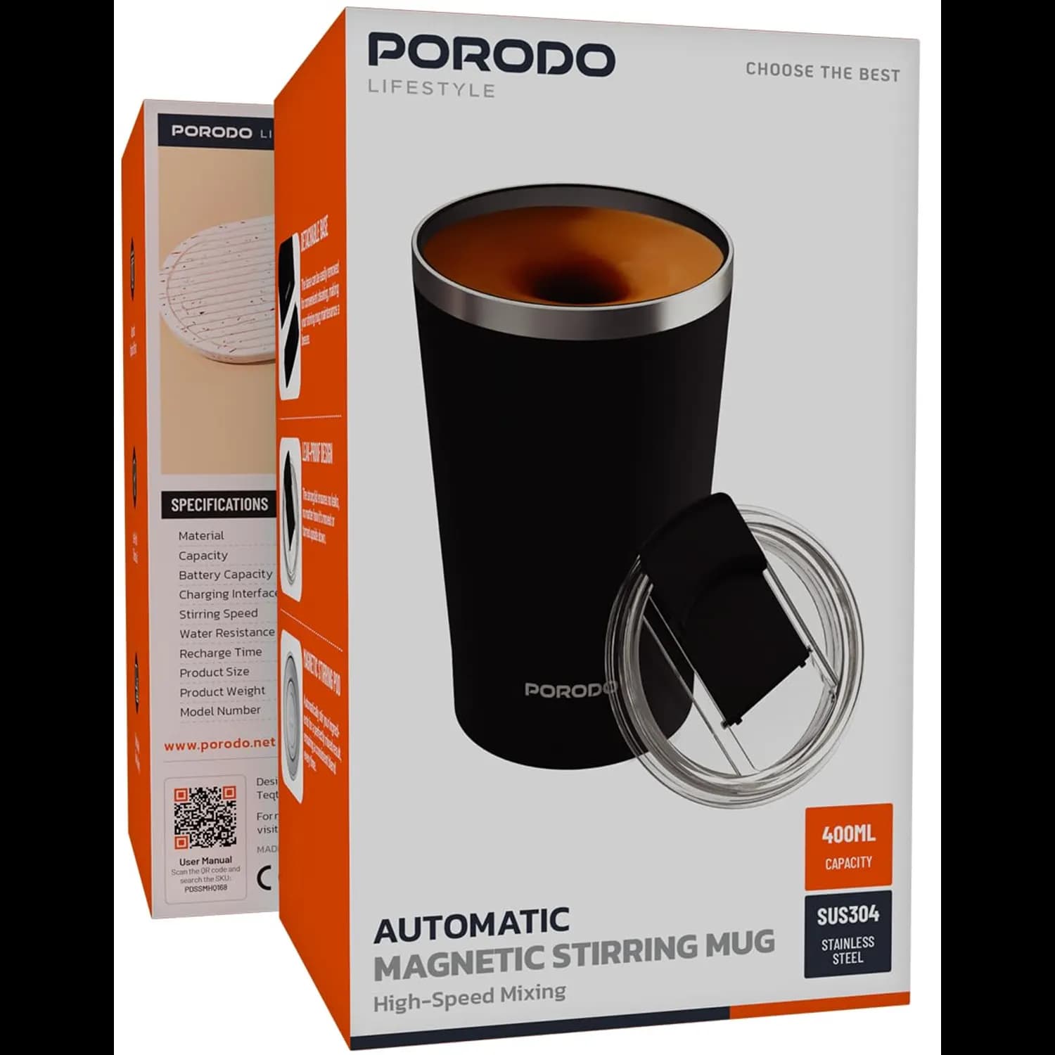 Porodo Magnetic Stirring Mug - 400mL, Black — Black 4