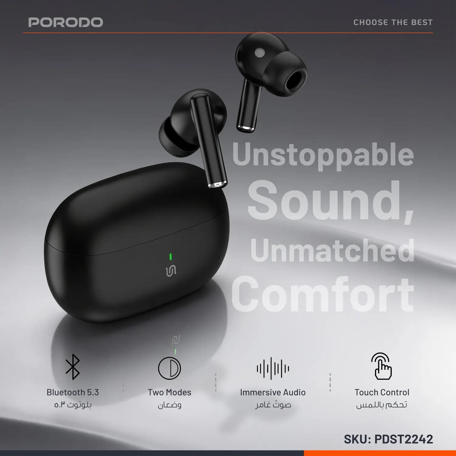 Porodo Bluetooth Earbuds Soundtec True Flex - Dual Mode, Black 2