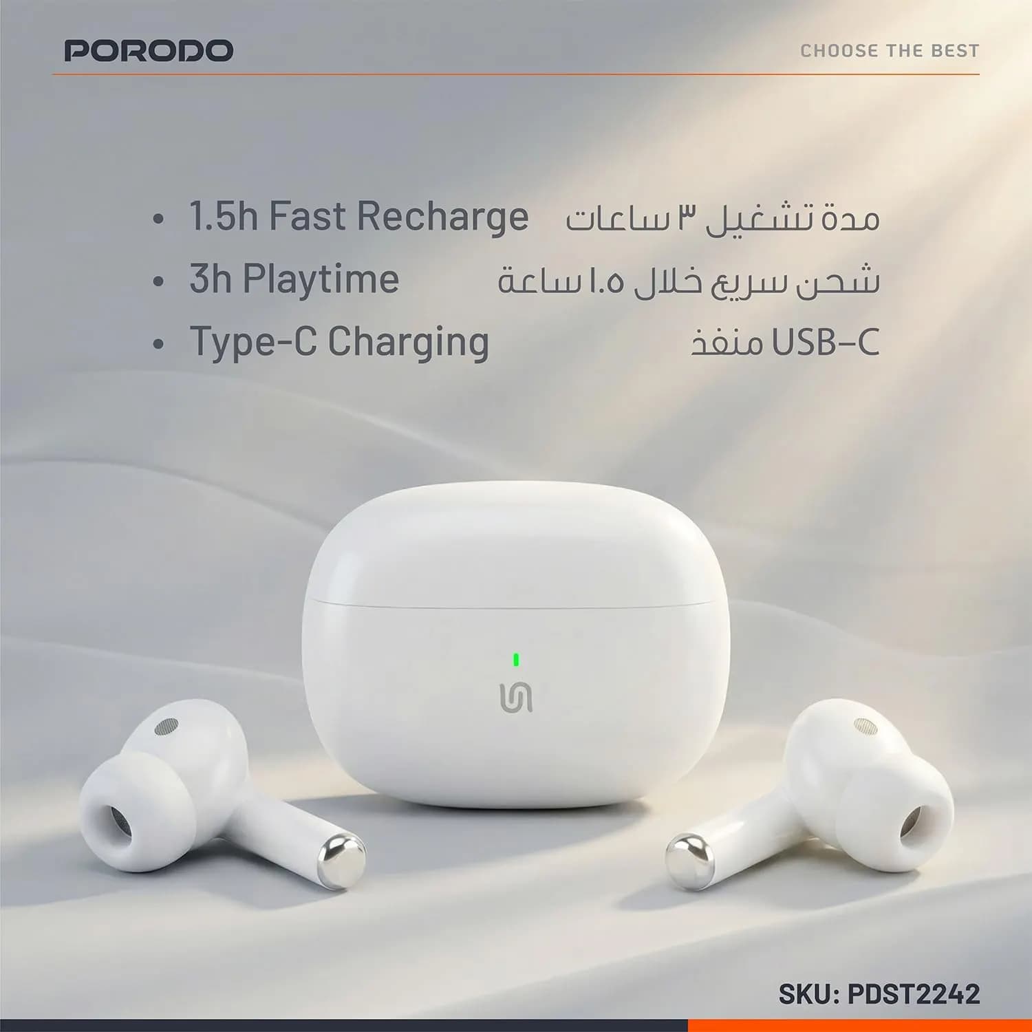 Porodo Earbuds Soundtec True Flex - Bluetooth 5.3, White 5