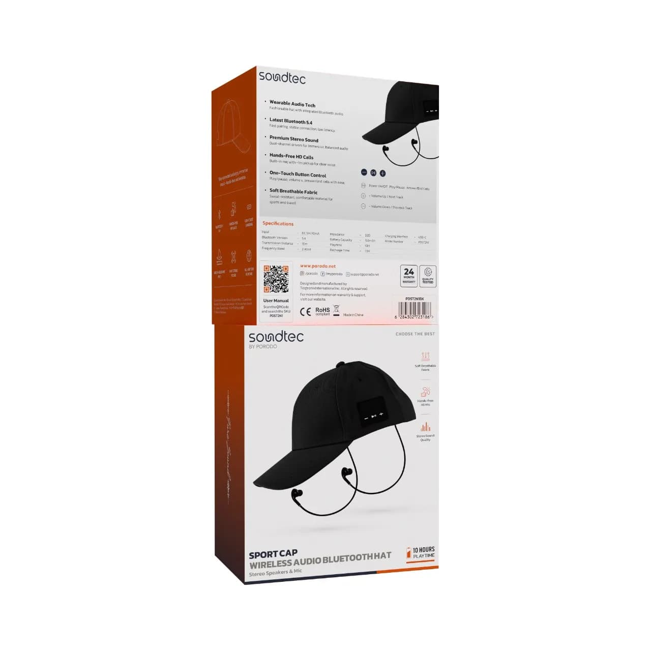 Porodo Soundtec Wireless Audio Bluetooth Hat with Stereo Speakers & Mi — Black 3