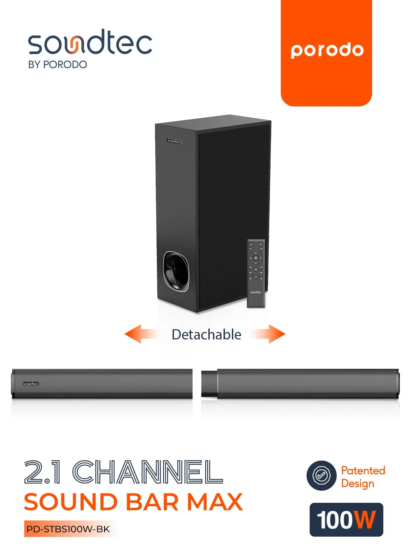 Porodo Soundtec 2.1CH Bluetooth Soundbar System 100W - Black 2