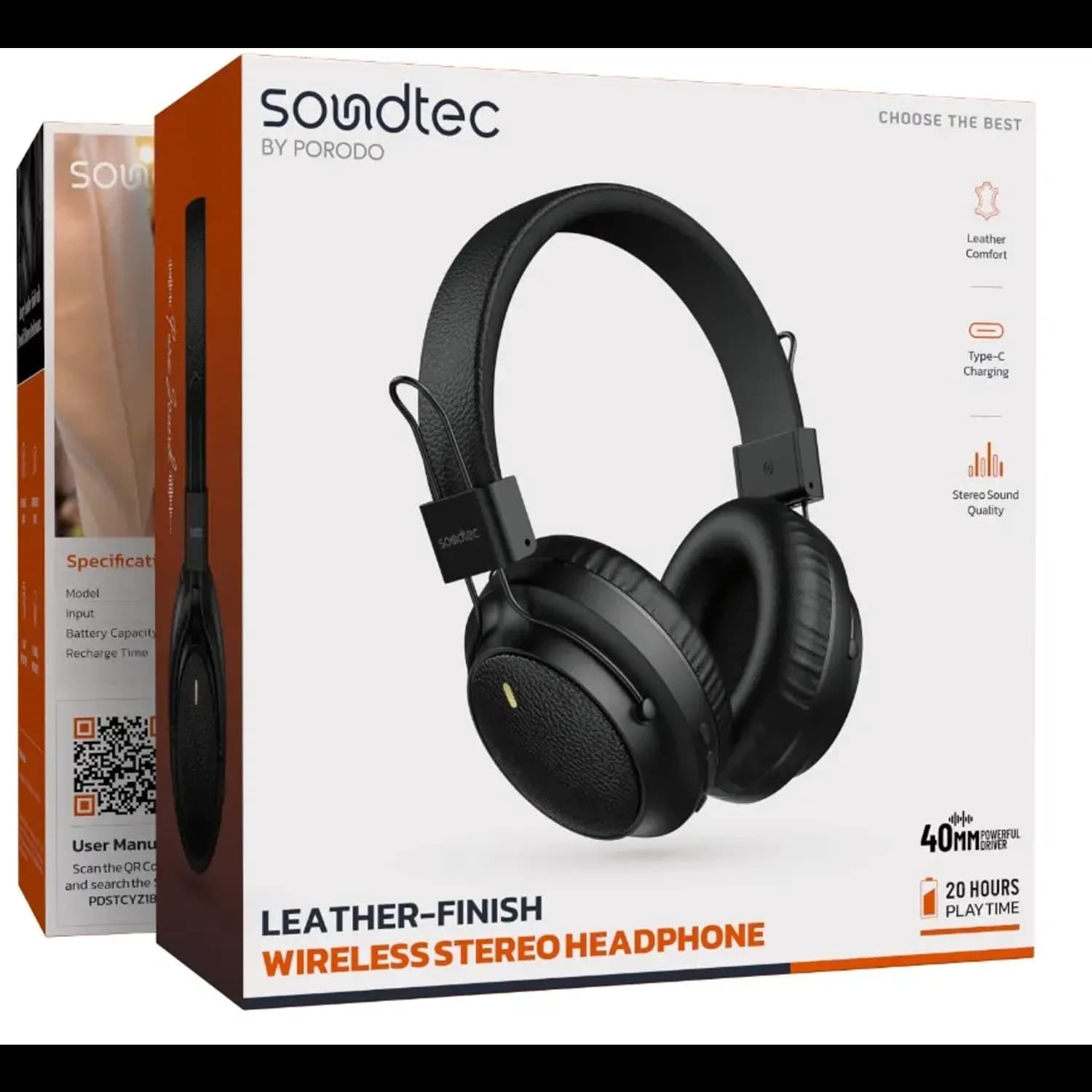Porodo Wireless Stereo Headphones - Leather Finish, Black 4