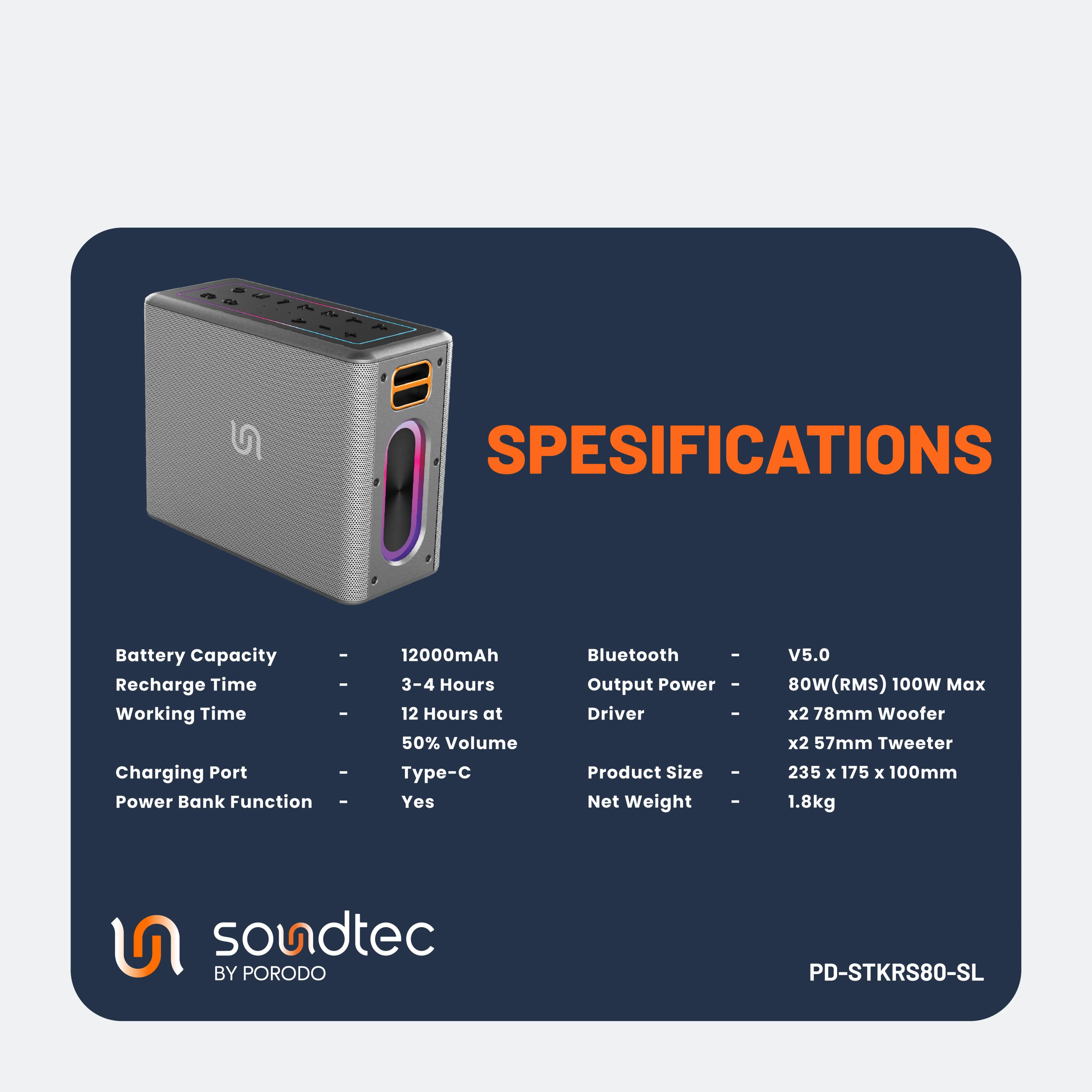 Porodo Soundtec QUANTUM 2.2 Channel Portable Speaker - Silver 2