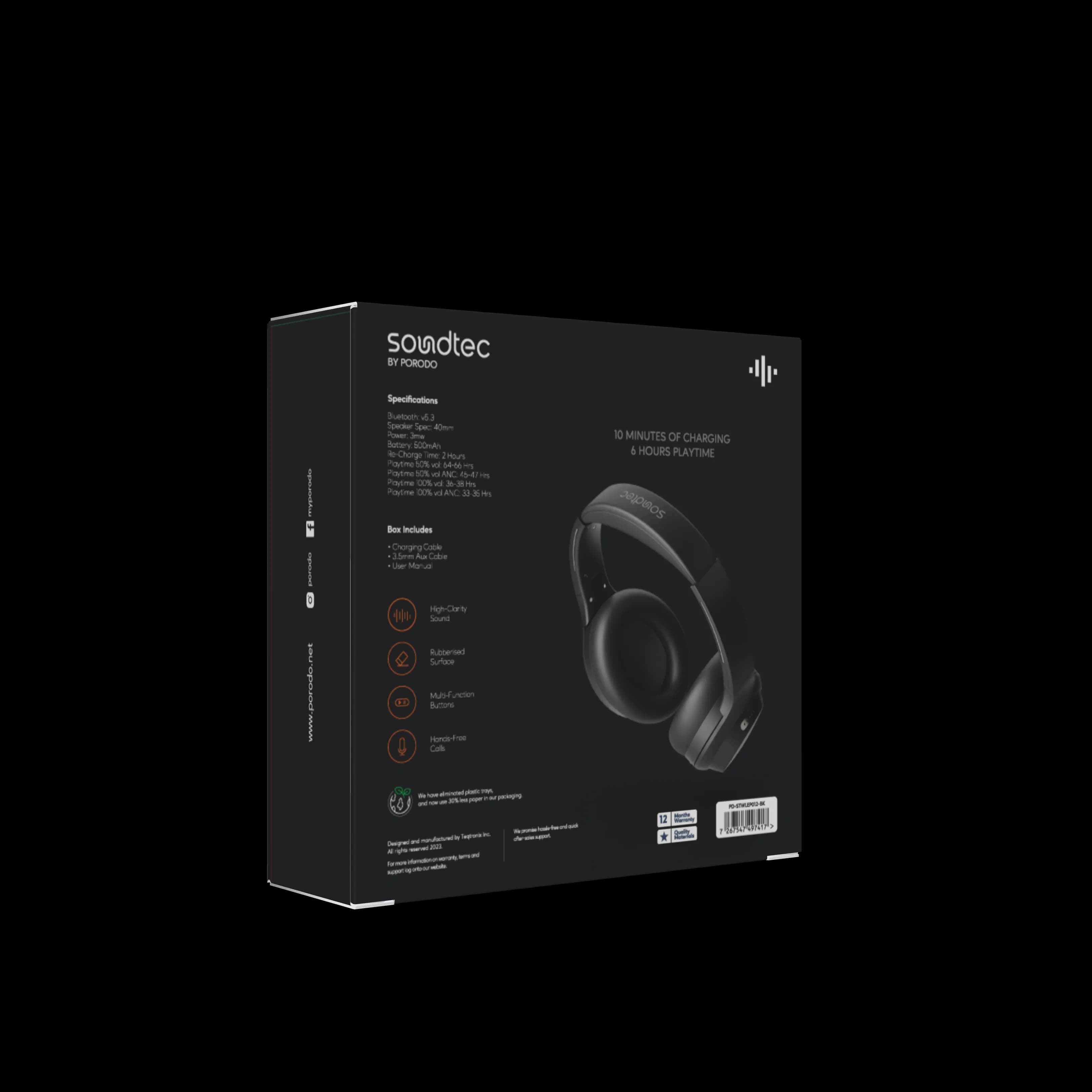 Porodo Soundtec Hush Wireless ANC Headphones - Black 2