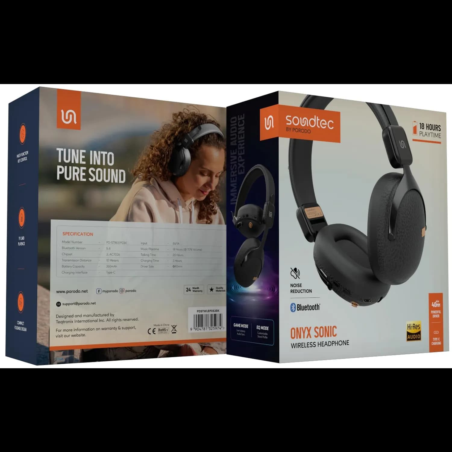 Porodo Wireless Headphones Onyx Sonic - Bluetooth 5.4, Hi-Res Audio, Black — Onyx Black 5