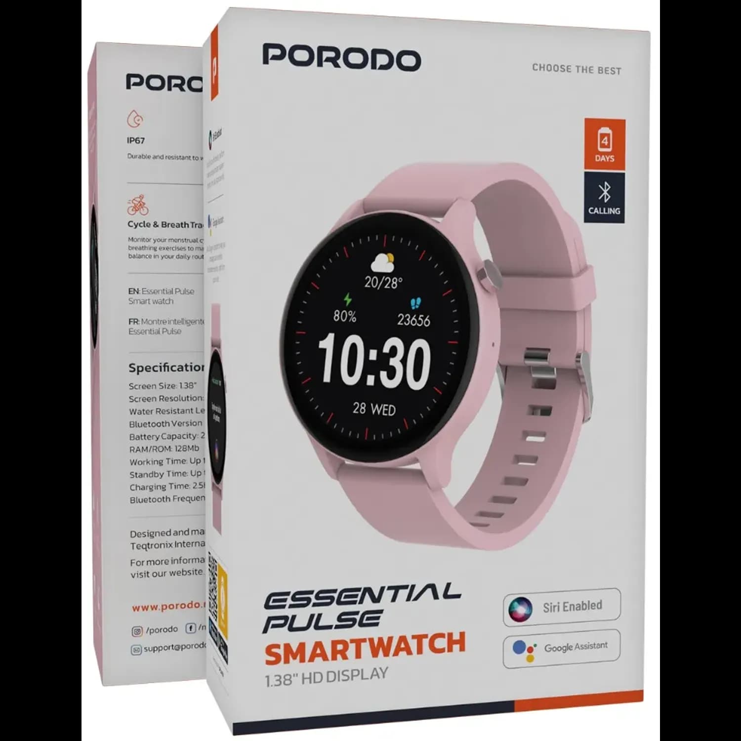 Porodo Smart Watch Essential Pulse - 1.38" HD Display, Black/Pink 5