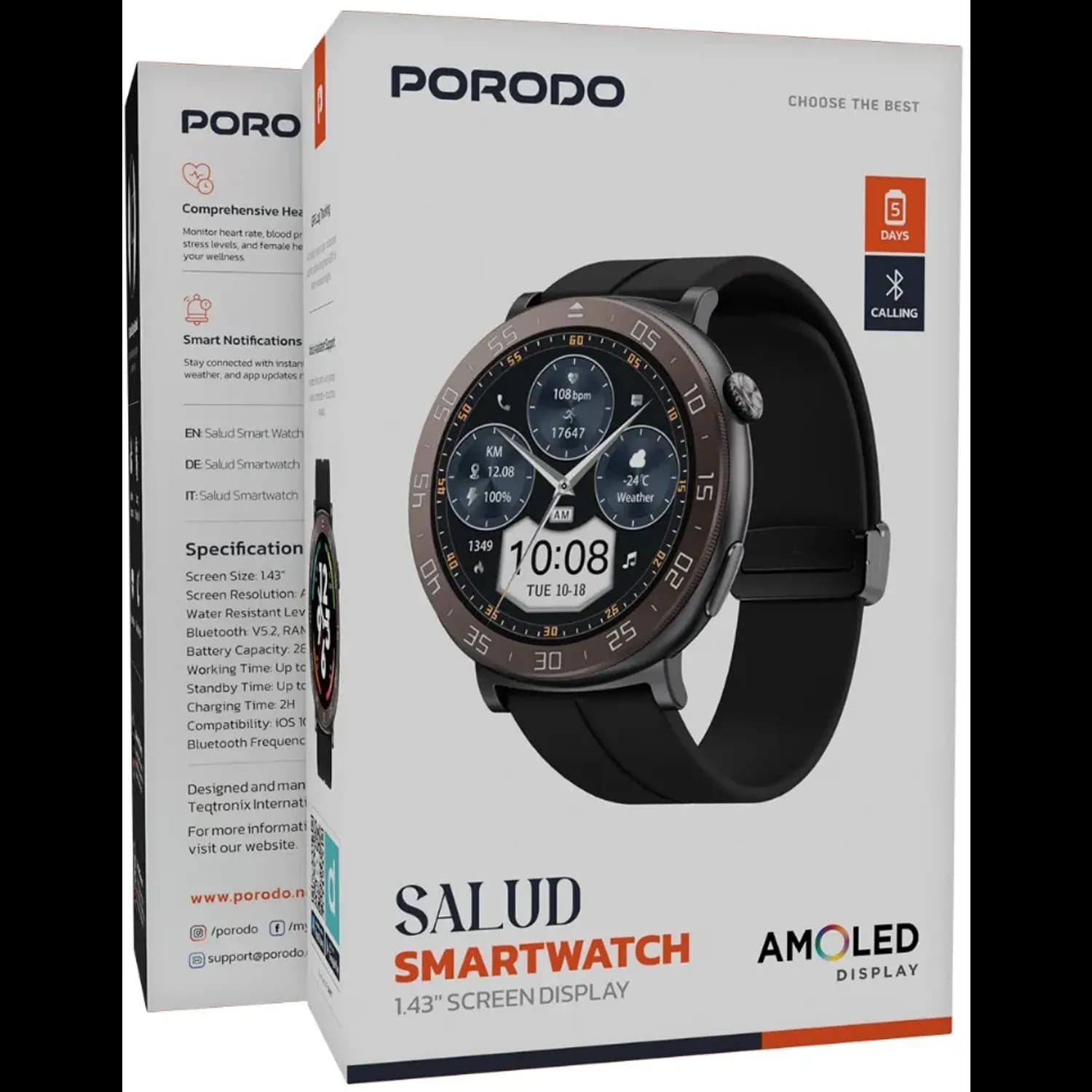 Porodo Smart Watch - 1.43" Display, Black/Blue 5