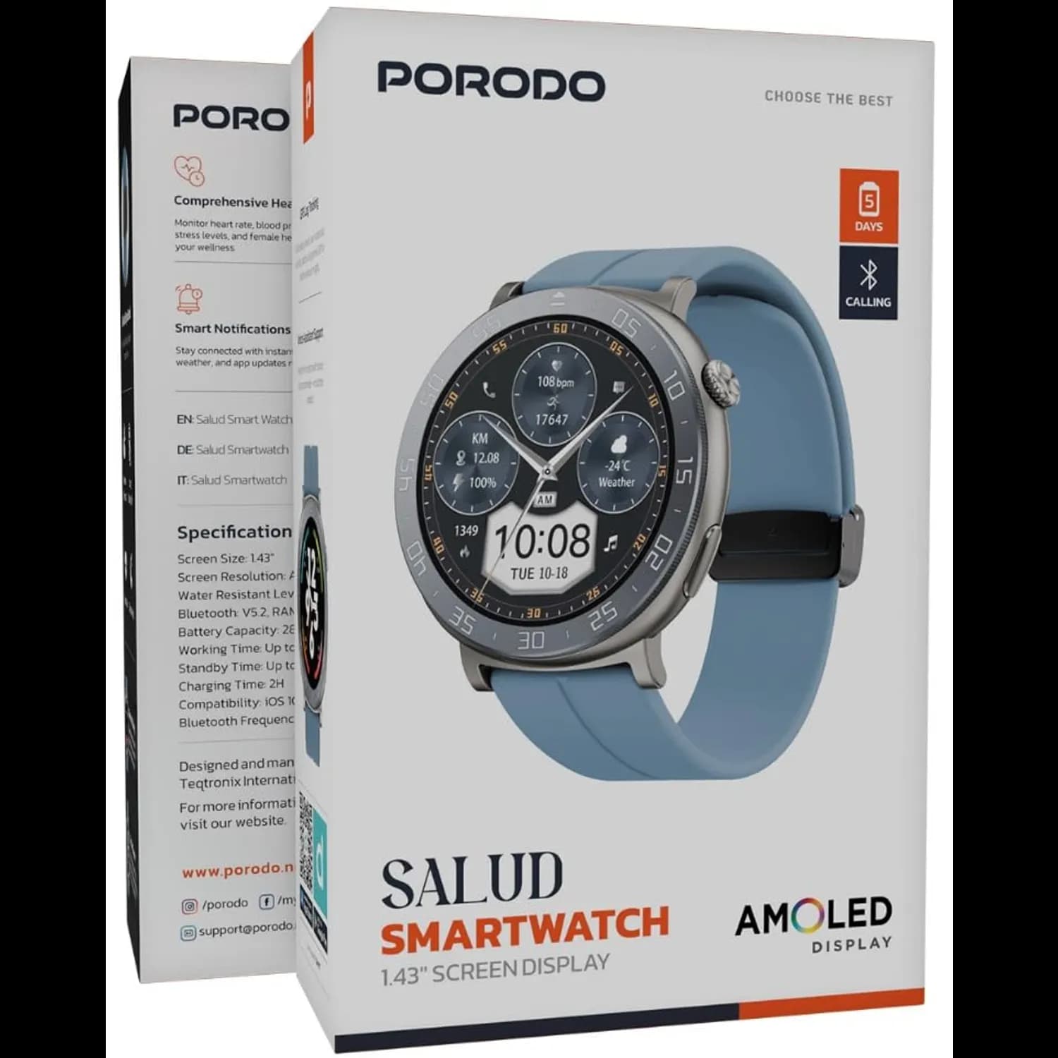 Porodo Smartwatch - 1.43" AMOLED, Aluminum Bezel, Blue Silicone Strap 4