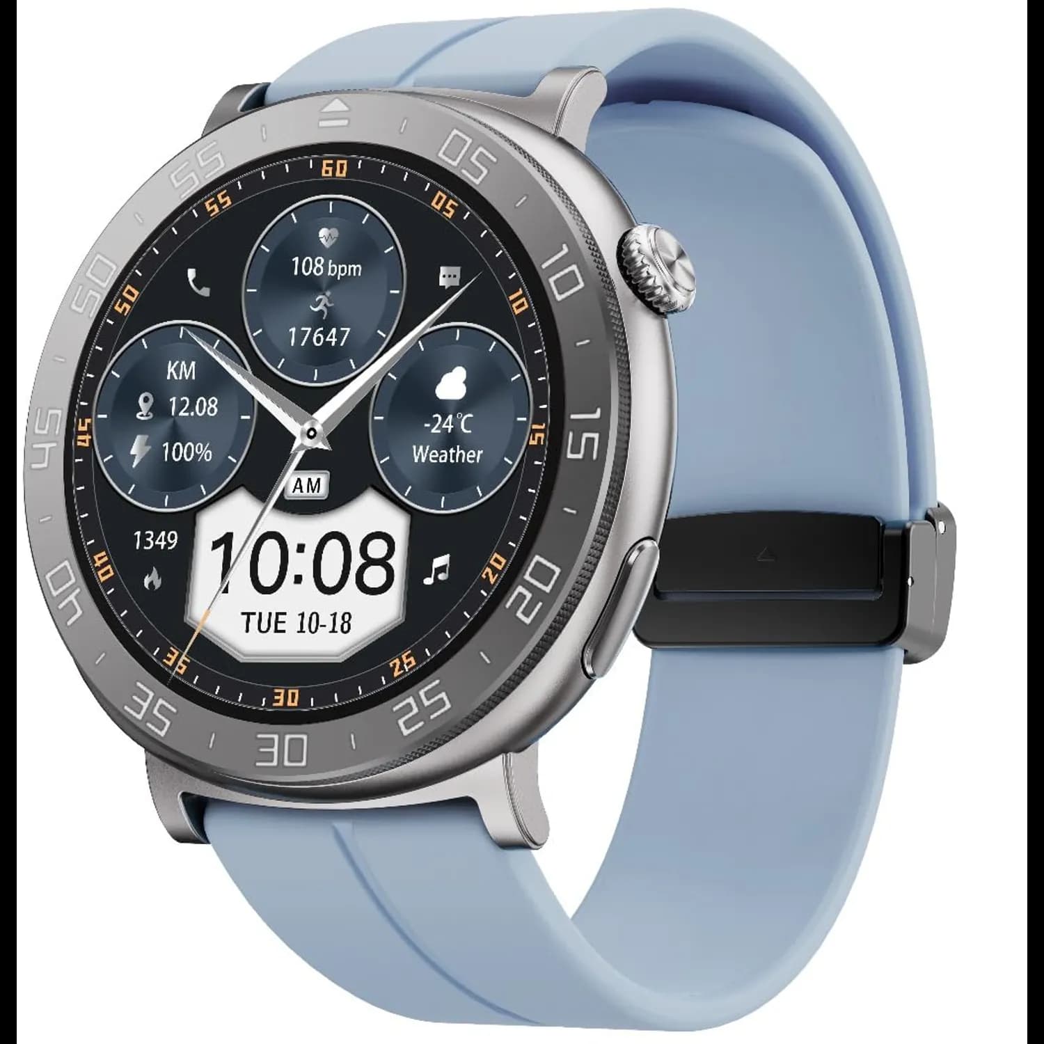 Porodo Smartwatch - 1.43" AMOLED, Aluminum Bezel, Blue Silicone Strap 1
