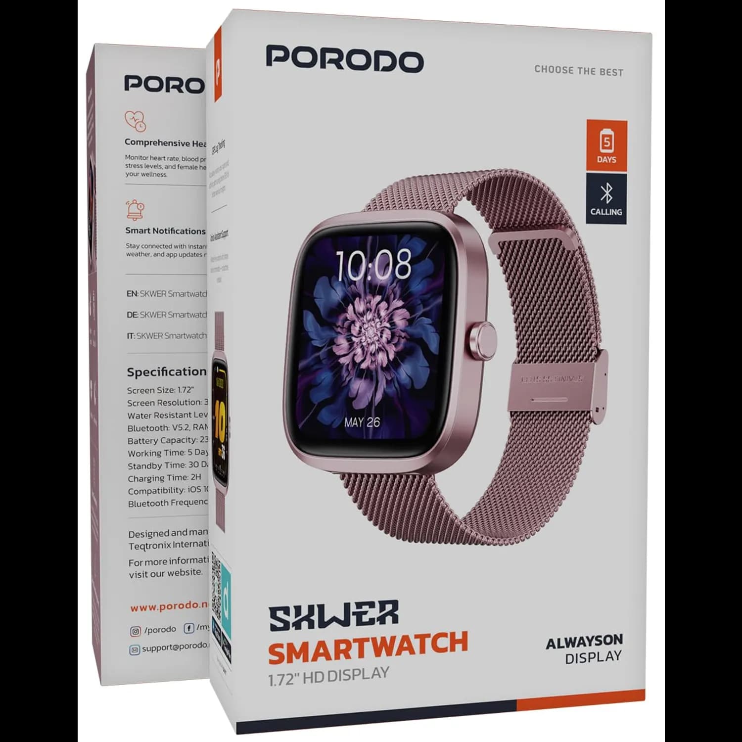 Porodo Smartwatch SKWER - 1.72” HD Display, Pink 4