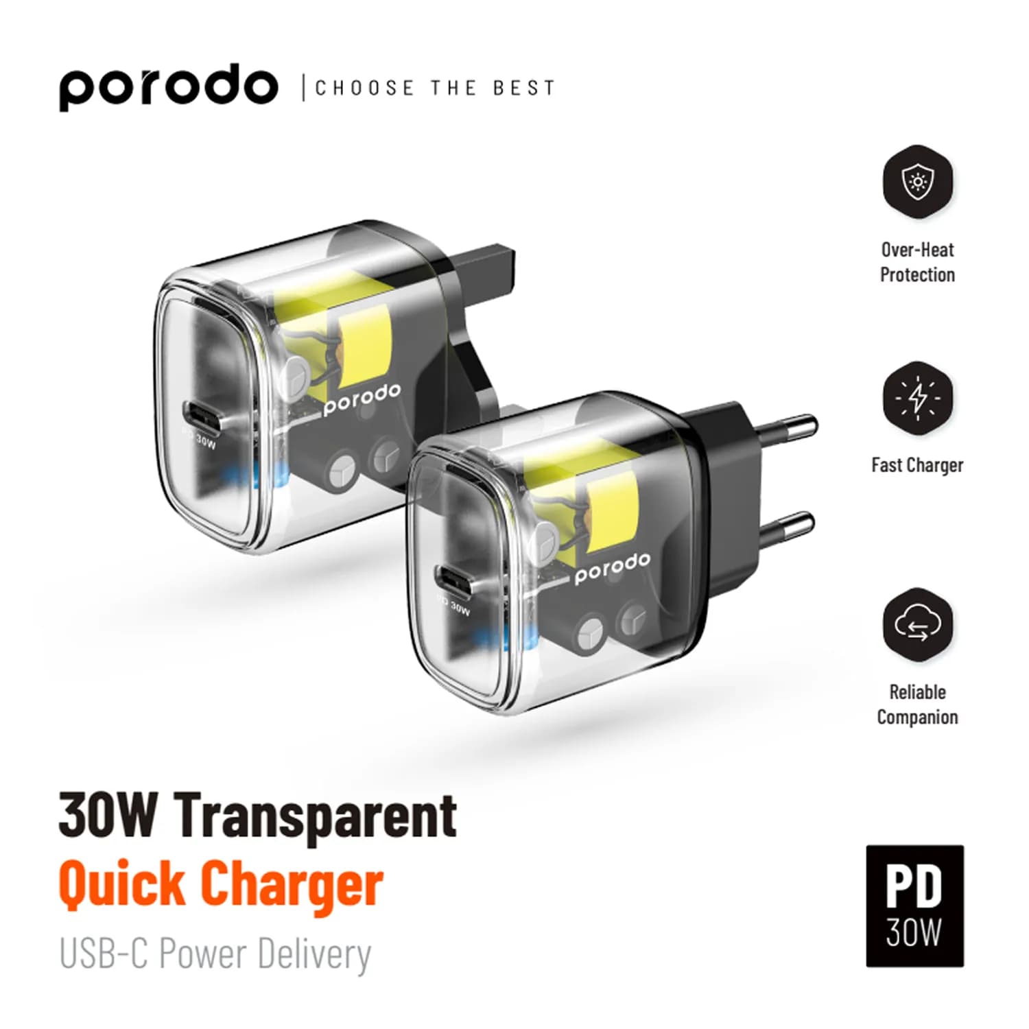 Porodo Transparent Quick Charger PD 30W UK - Black 2