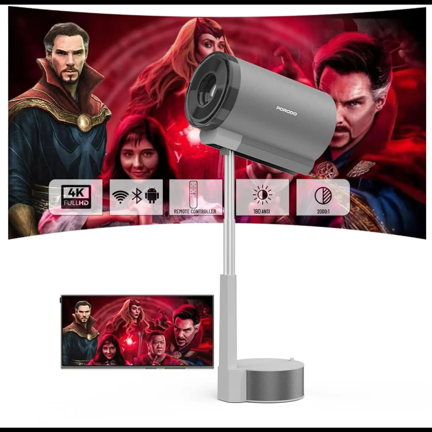 Porodo Projector - Smart FHD 100" Android 13, Gray 1 Porodo Projector - Smart FHD 100" Android 13, Gray 1