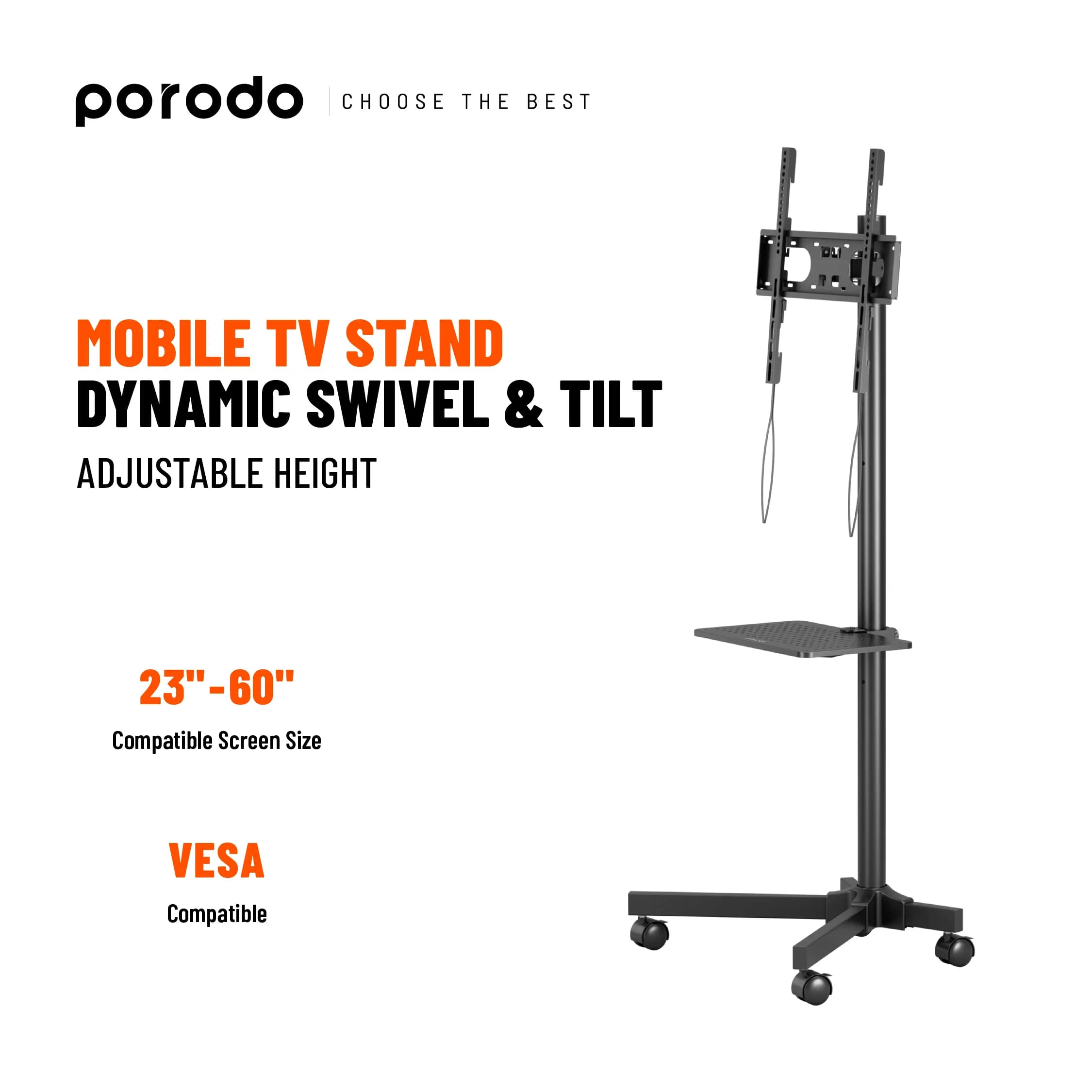 Porodo Mobile TV Stand Dynamic Swivel & Tilt Adjustable Height 4