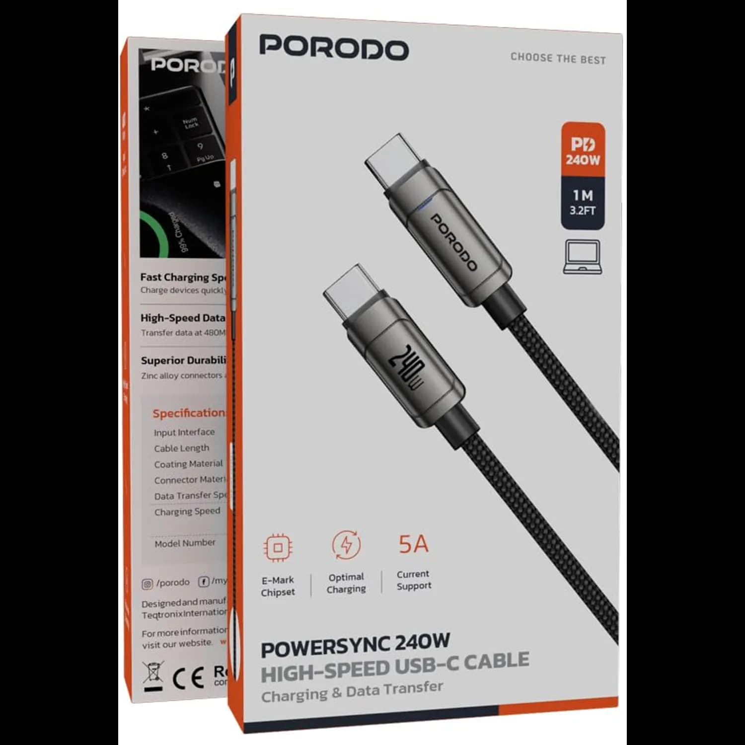 Porodo USB C Cable - 240W PD, Braided, Black 3