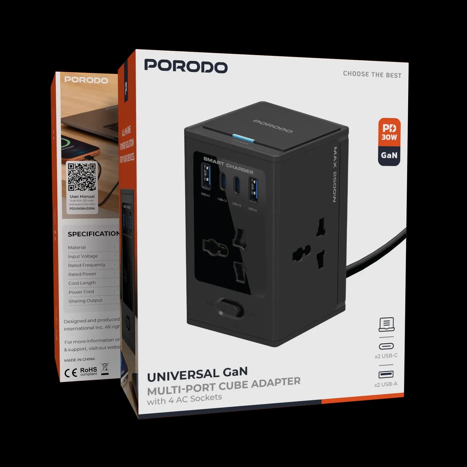 Porodo Power Socket - 4 Universal AC Plugs, 30W GaN, Black 4