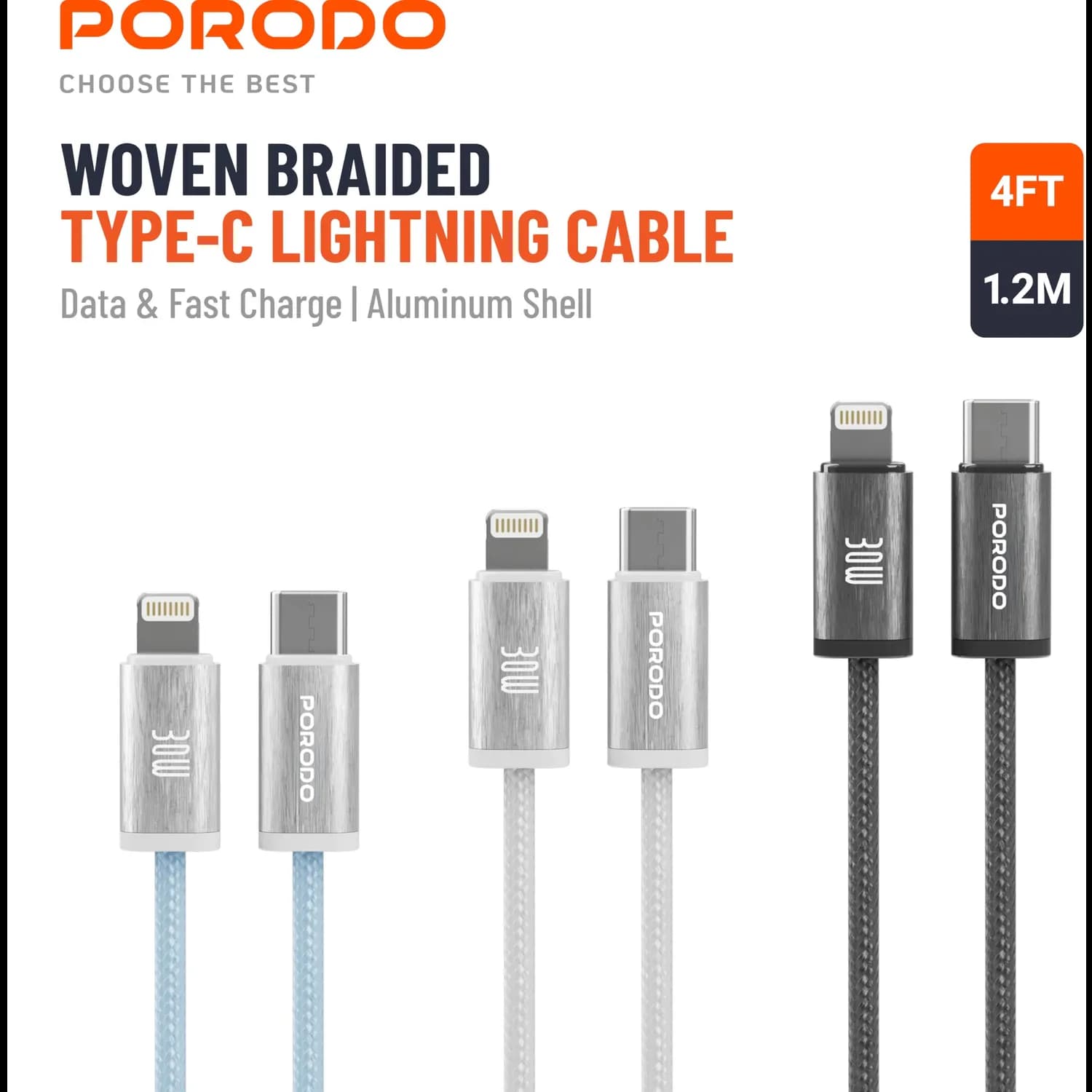 Porodo USB Cable - Lightning to USB-C 30W Fast Charge, Black 2