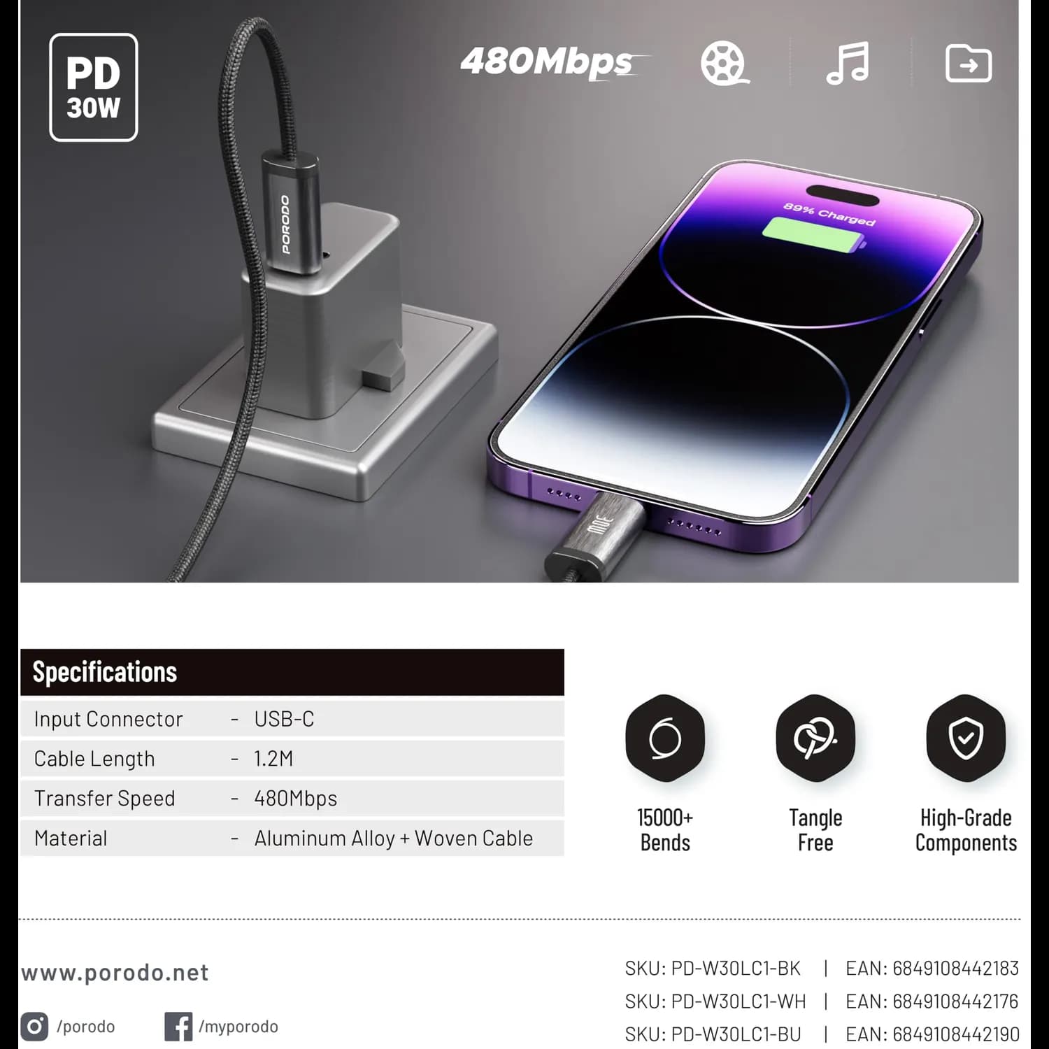 Porodo USB Cable - Lightning to USB-C 30W Fast Charge, Black 3