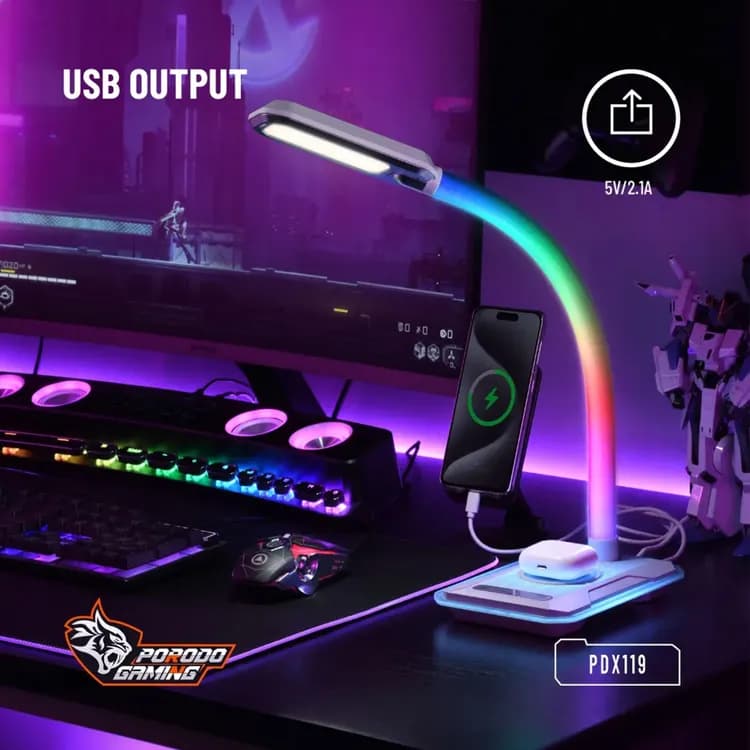 Porodo Desk Lamp - 10W Wireless Charging, RGB Lighting, White 6