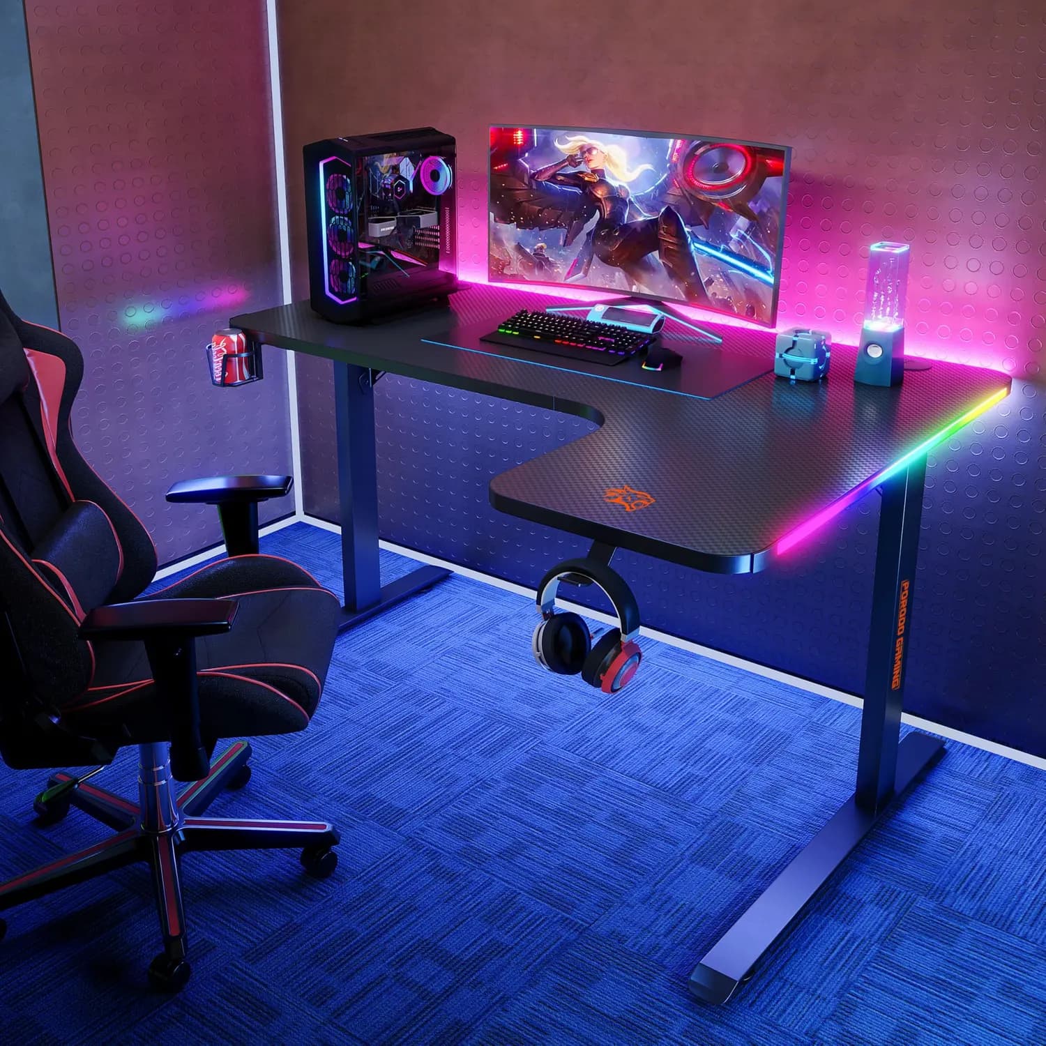 Porodo Gaming Desk - L-Shaped, RGB Lights, Black 3