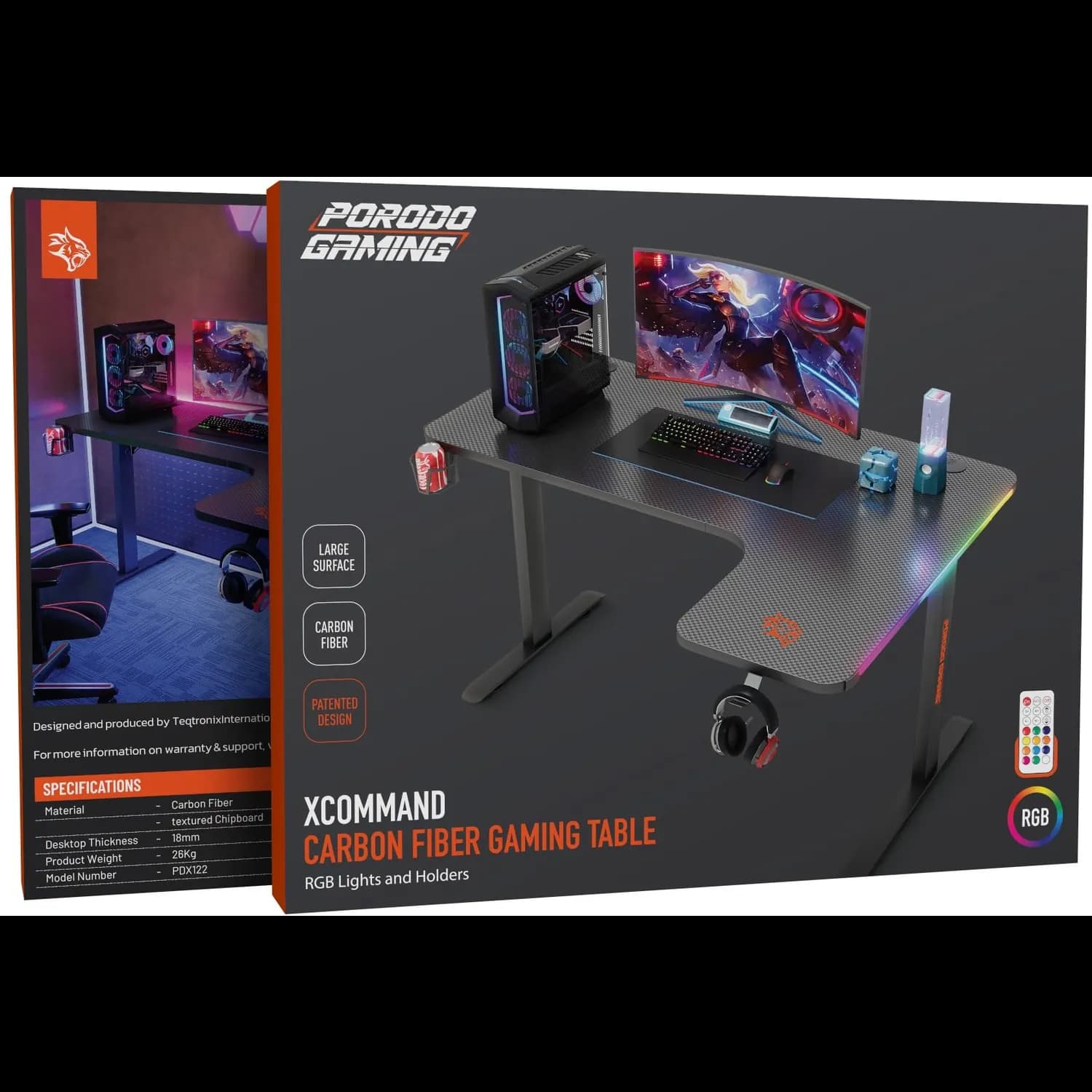 Porodo Gaming Desk - L-Shaped, RGB Lights, Black 5