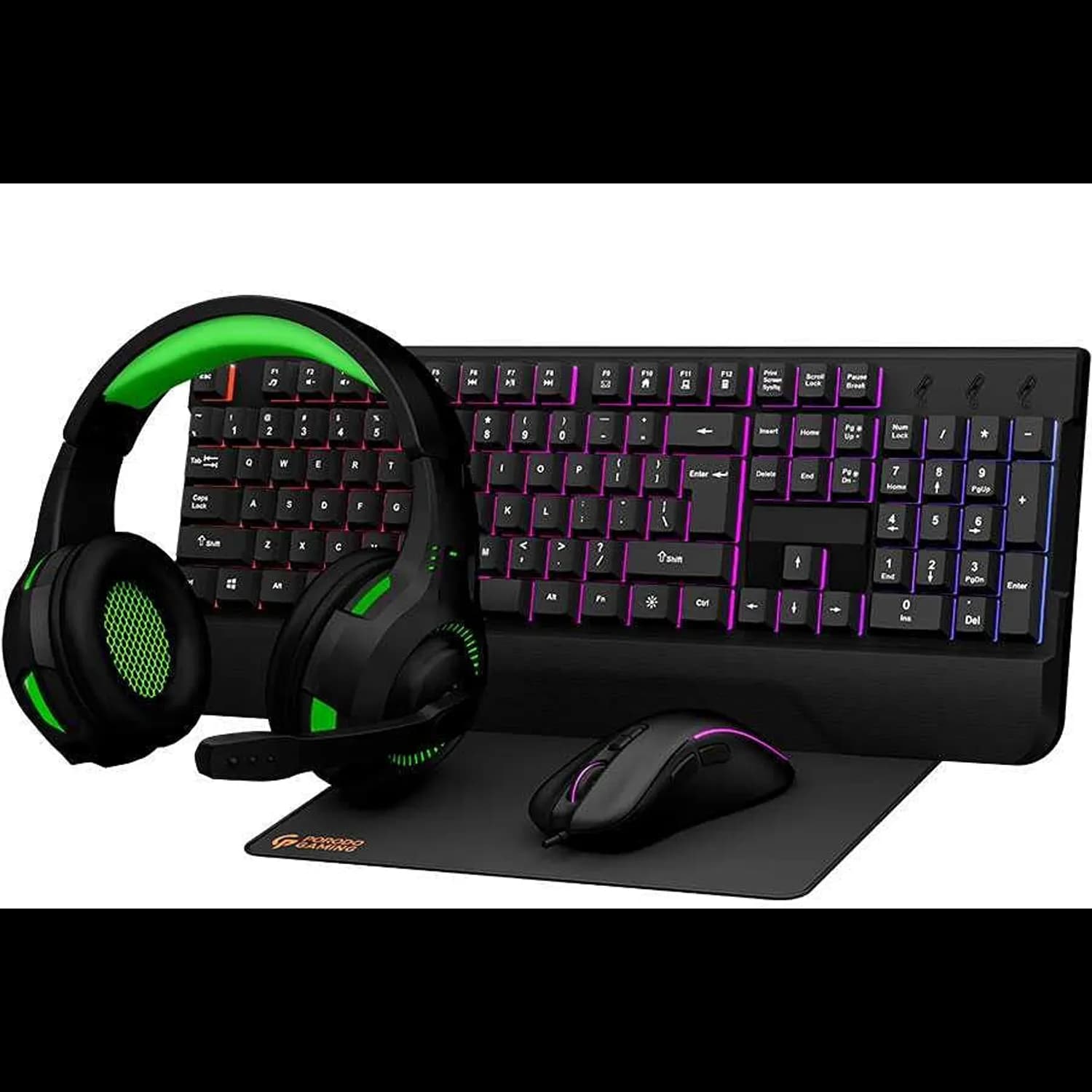 Porodo Gaming Set - 4-in-1, Rainbow Keyboard, 800-3400 DPI Mouse, Black 1