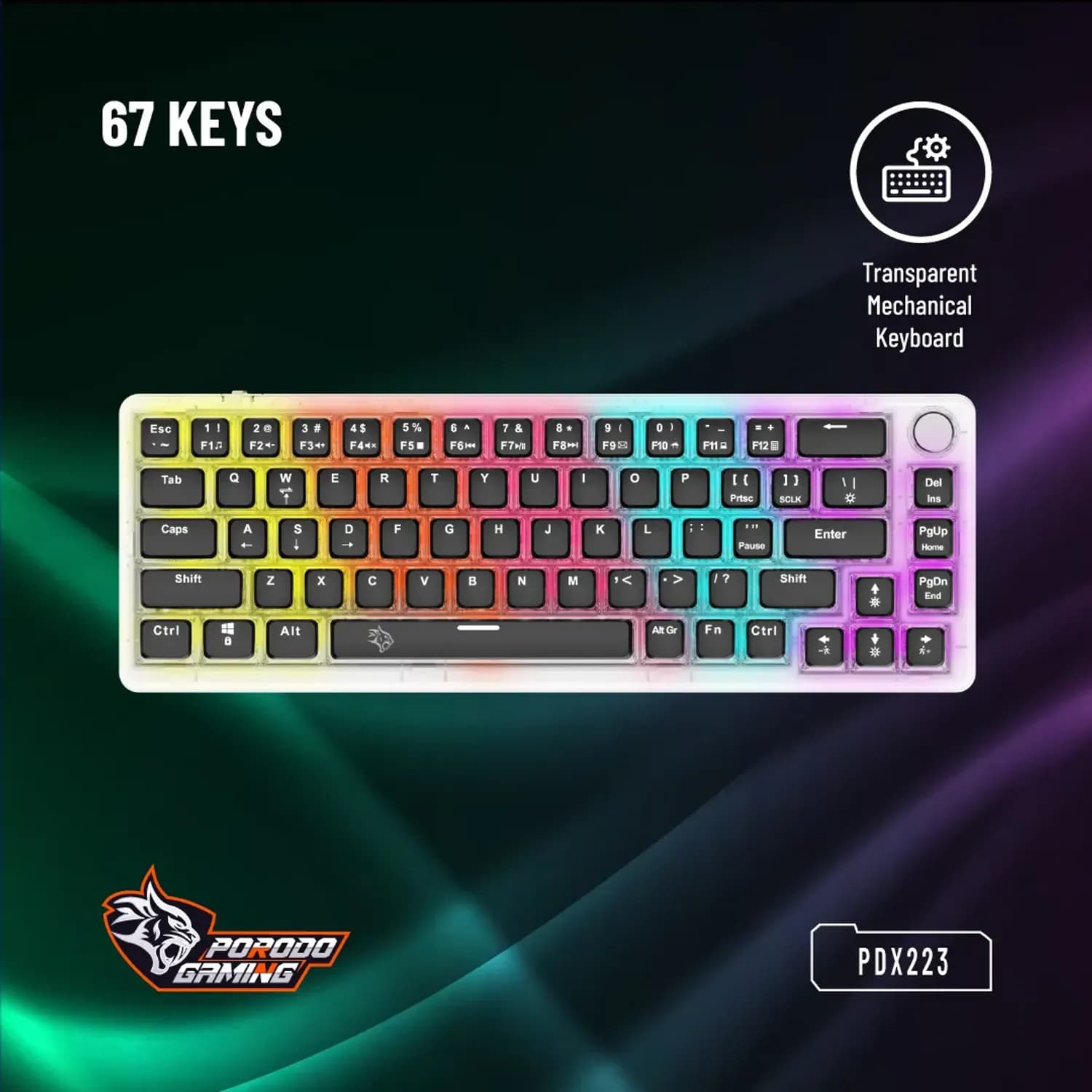Porodo Mechanical Keyboard - 67 Keys, Transparent, Pudding Keycaps, Rotary Knob 2