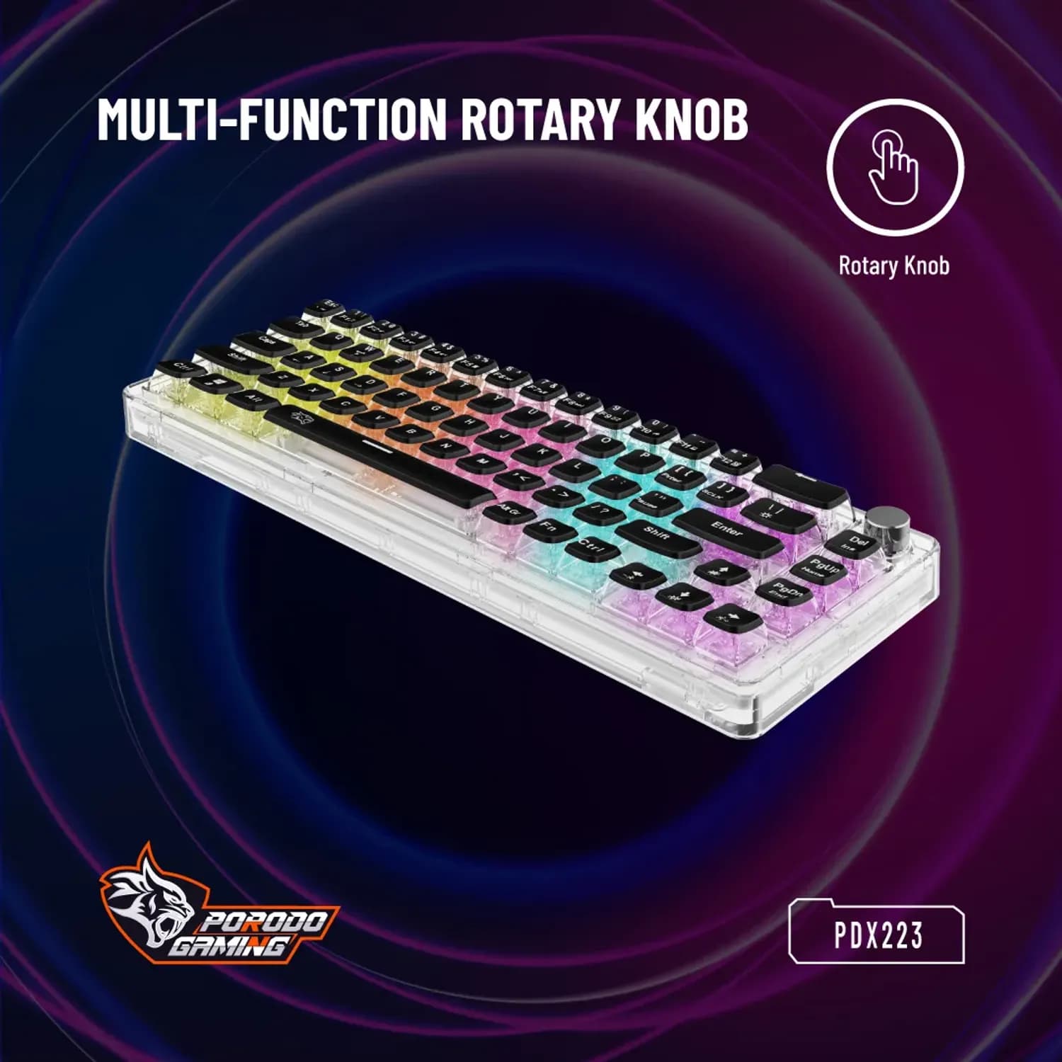 Porodo Mechanical Keyboard - 67 Keys, Transparent, Pudding Keycaps, Rotary Knob 4