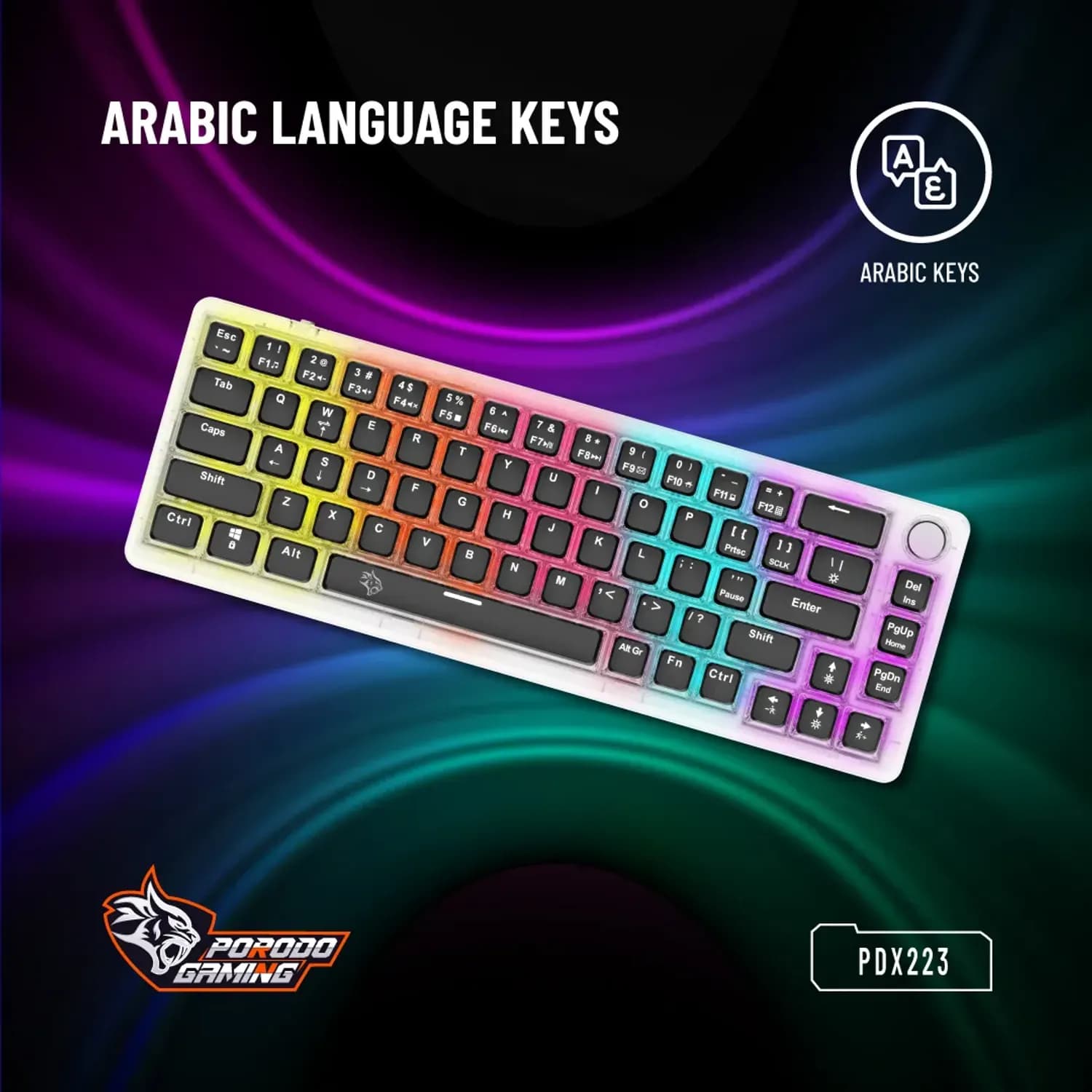 Porodo Mechanical Keyboard - 67 Keys, Transparent, Pudding Keycaps, Rotary Knob 5