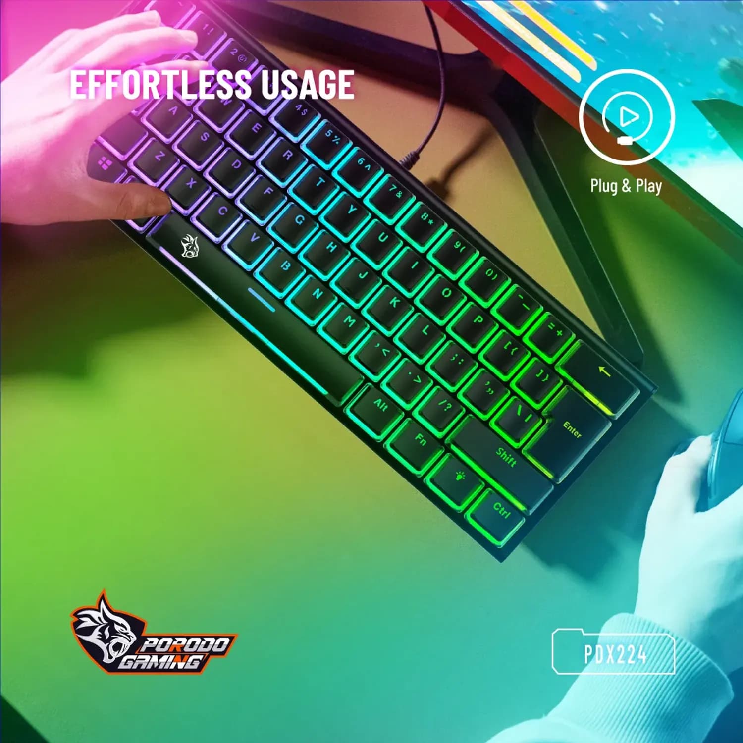 Porodo Mechanical Keyboard - 61 Keys Pudding, Black 3