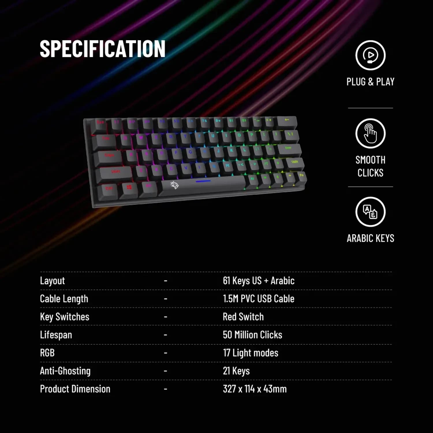 Porodo Mechanical Keyboard - 61 Keys Pudding, Black 4