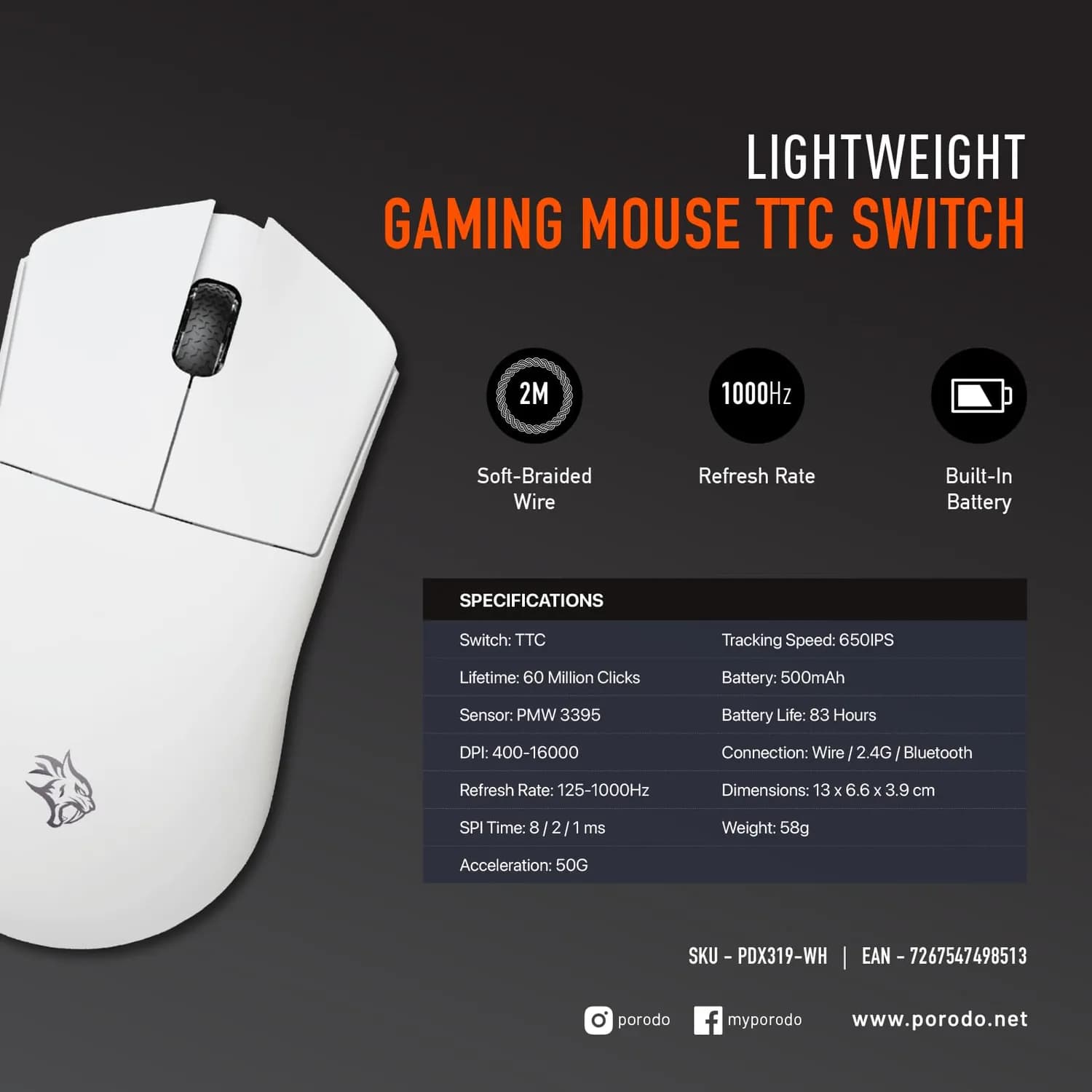 Porodo Gaming Mouse Lightfeather - 7D, White 3