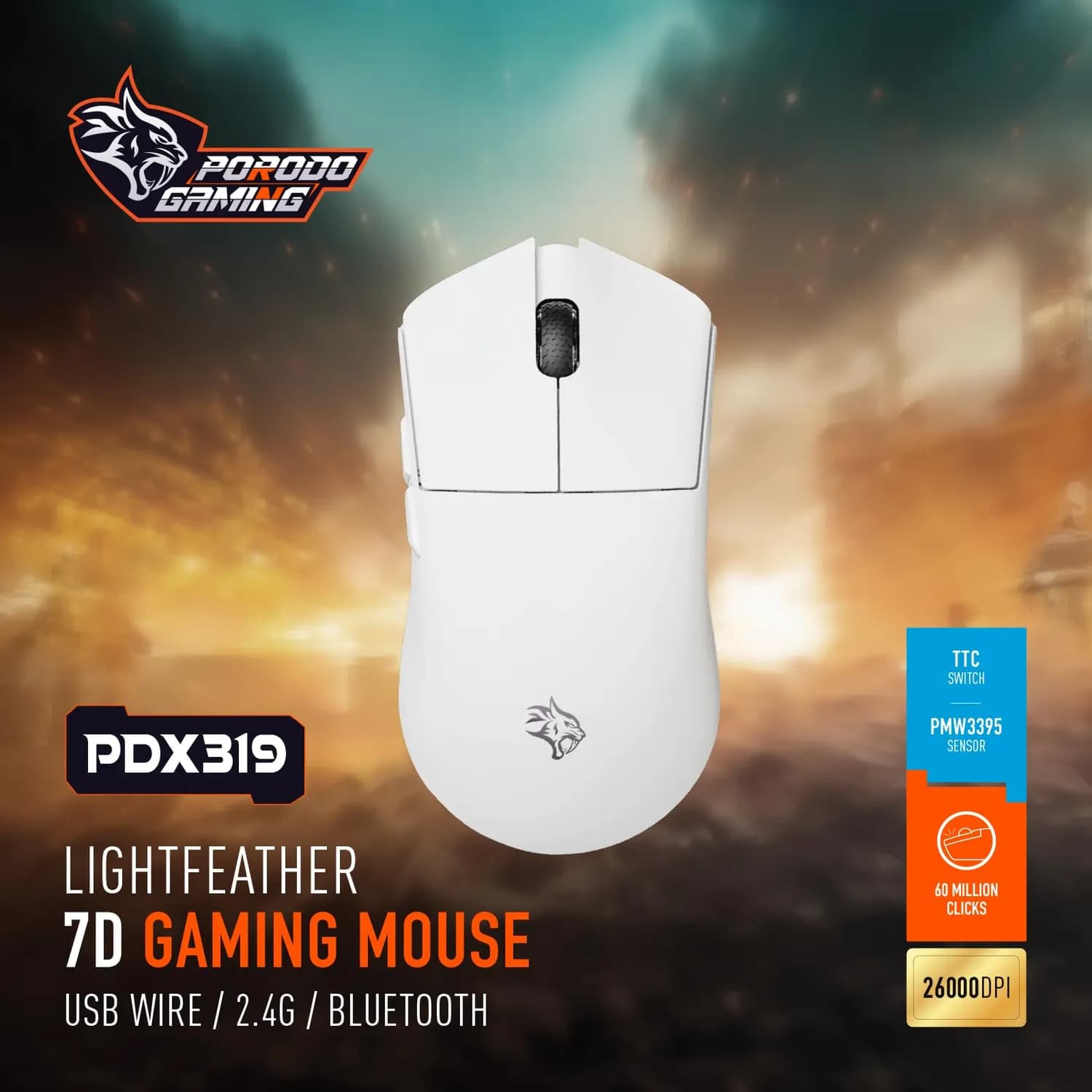 Porodo Gaming Mouse Lightfeather - 7D, White 4