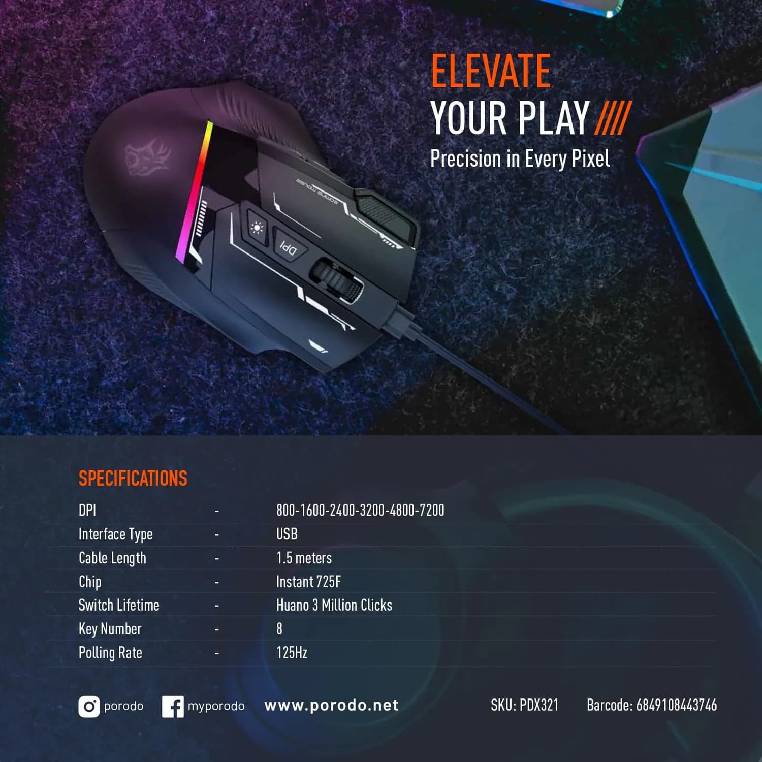 Porodo Gaming Mouse - 8D RGB, 7200 DPI, Black 3