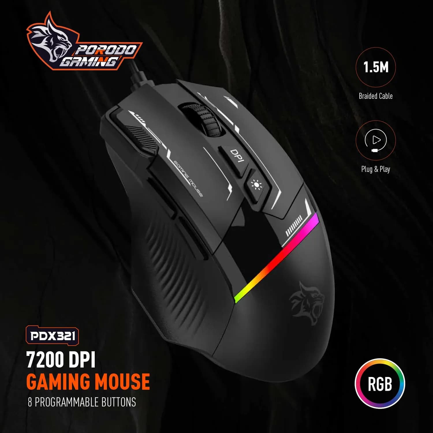 Porodo Gaming Mouse - 8D RGB, 7200 DPI, Black 4