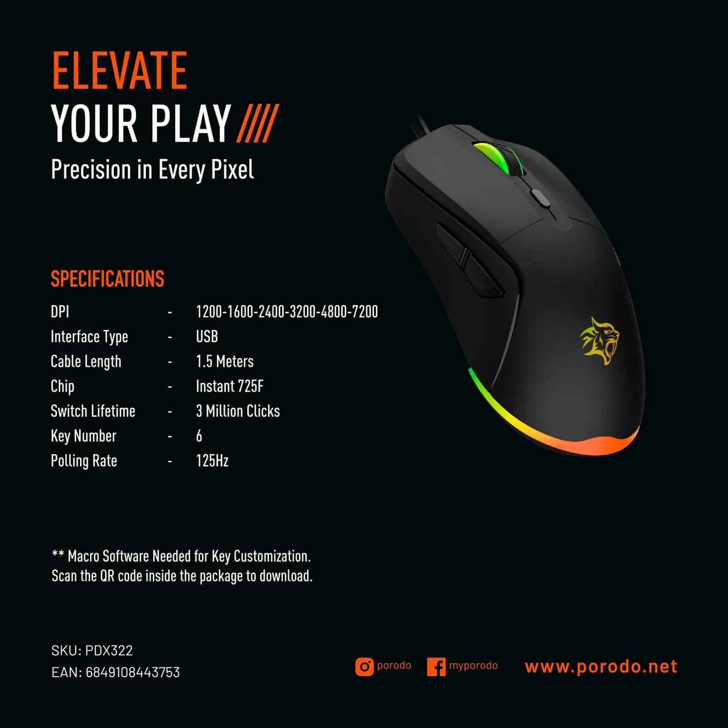 Porodo Gaming Mouse - 7200 DPI, RGB, Black 4