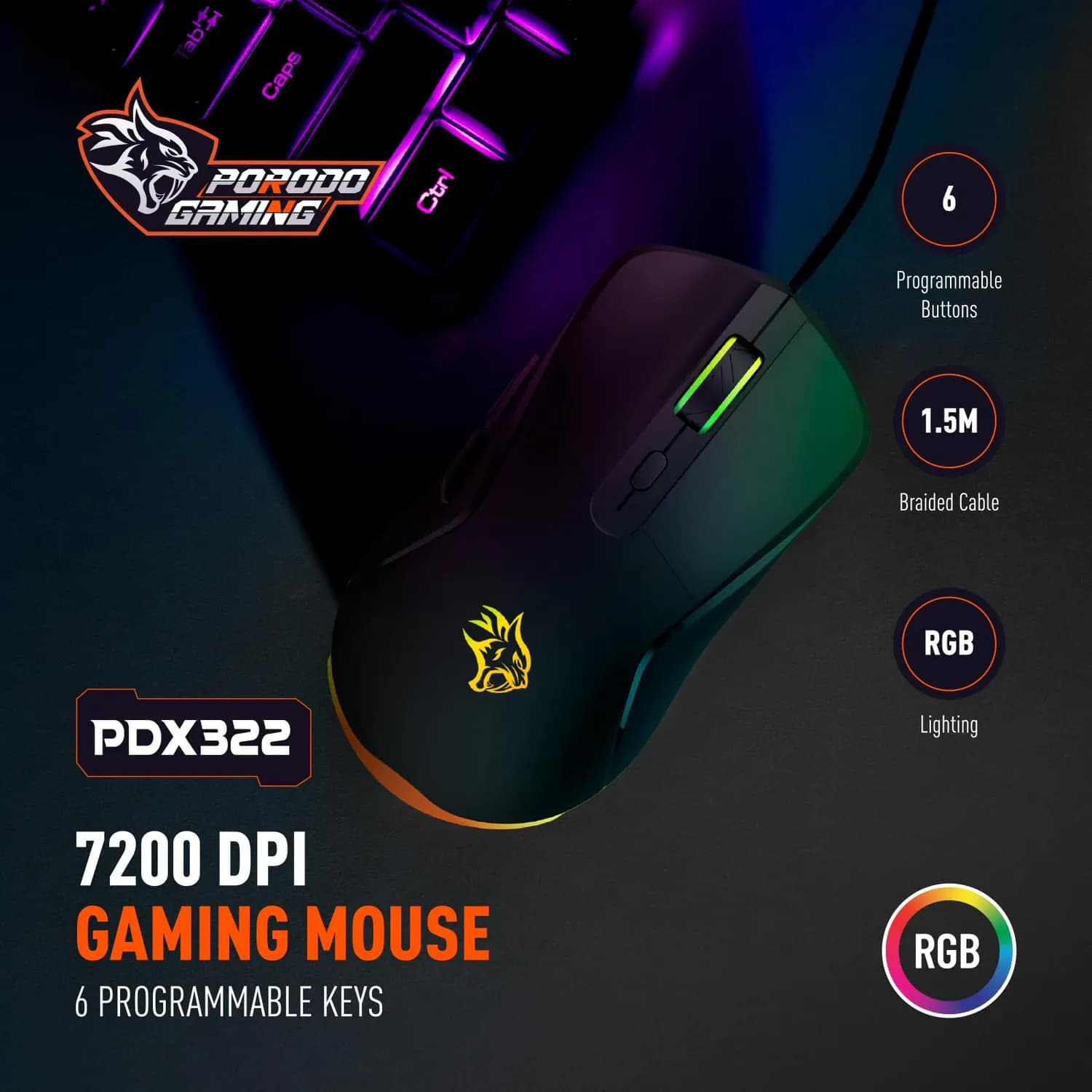 Porodo Gaming Mouse - 7200 DPI, RGB, Black 5