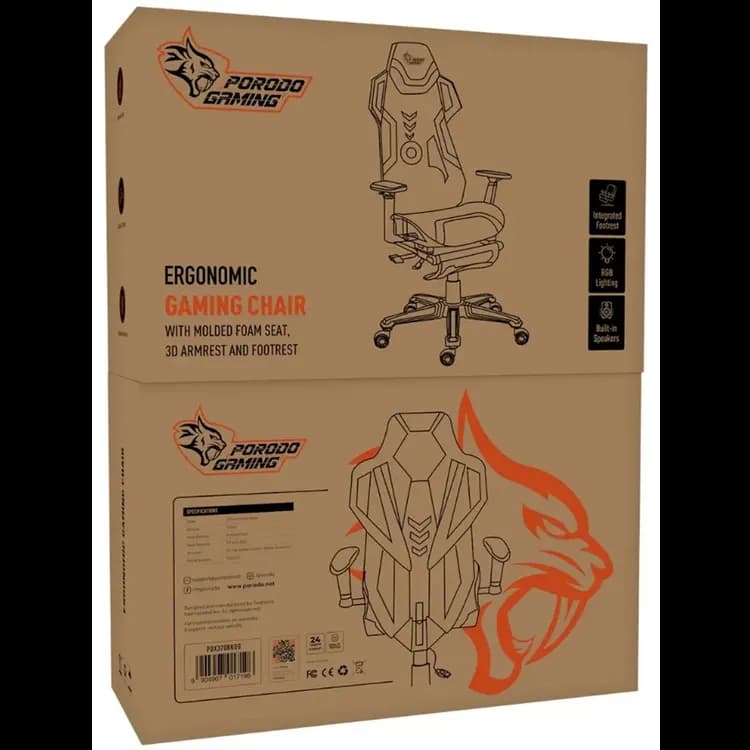 Porodo Gaming Chair - RGB Lighting, Built-in Speaker, Black/Orange 5