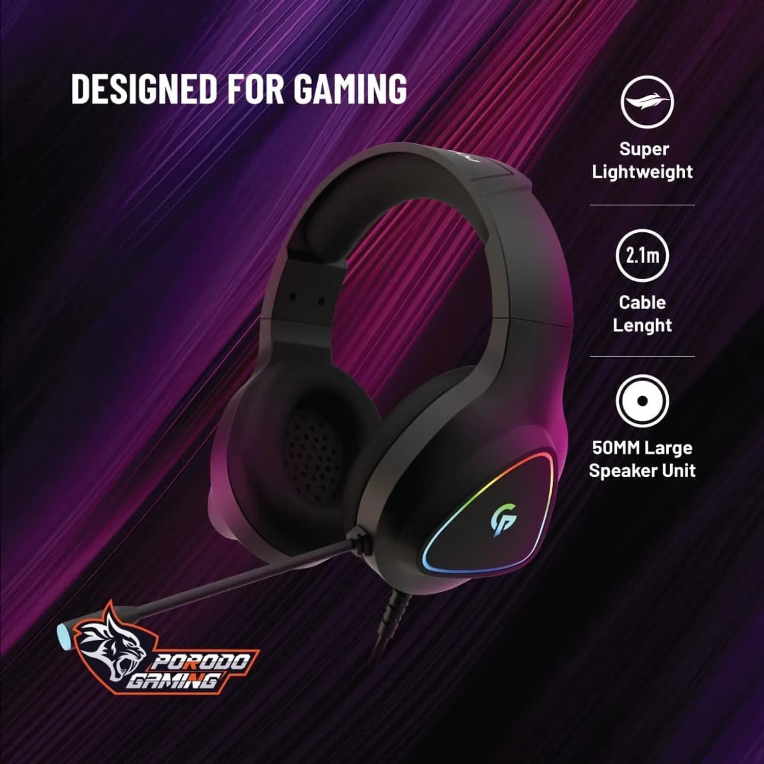 Porodo Gaming Headphones PDX4-2 - 50mm Drivers, Black 3