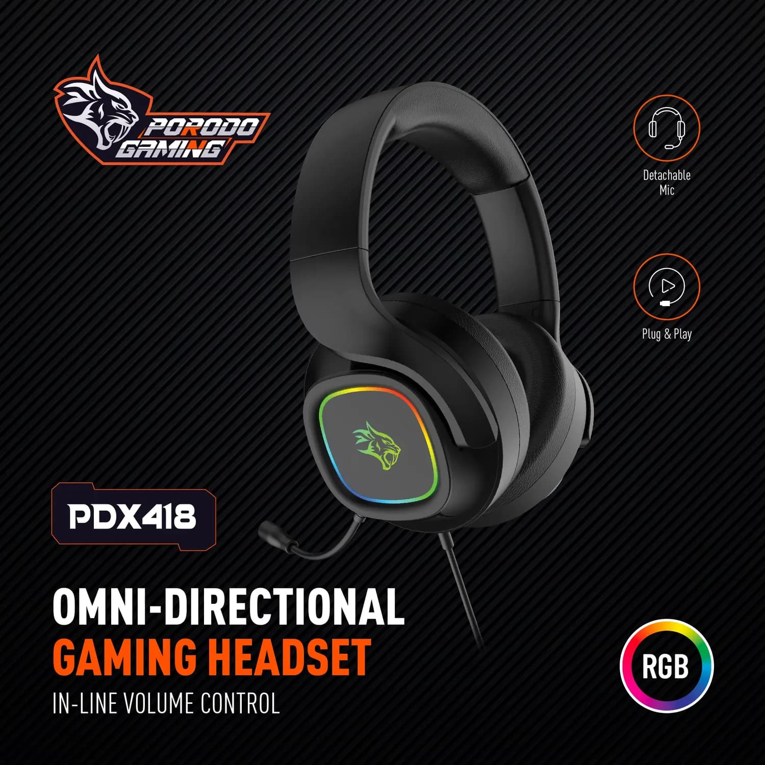Porodo Gaming Headphone - Omni-Directional, Black 2